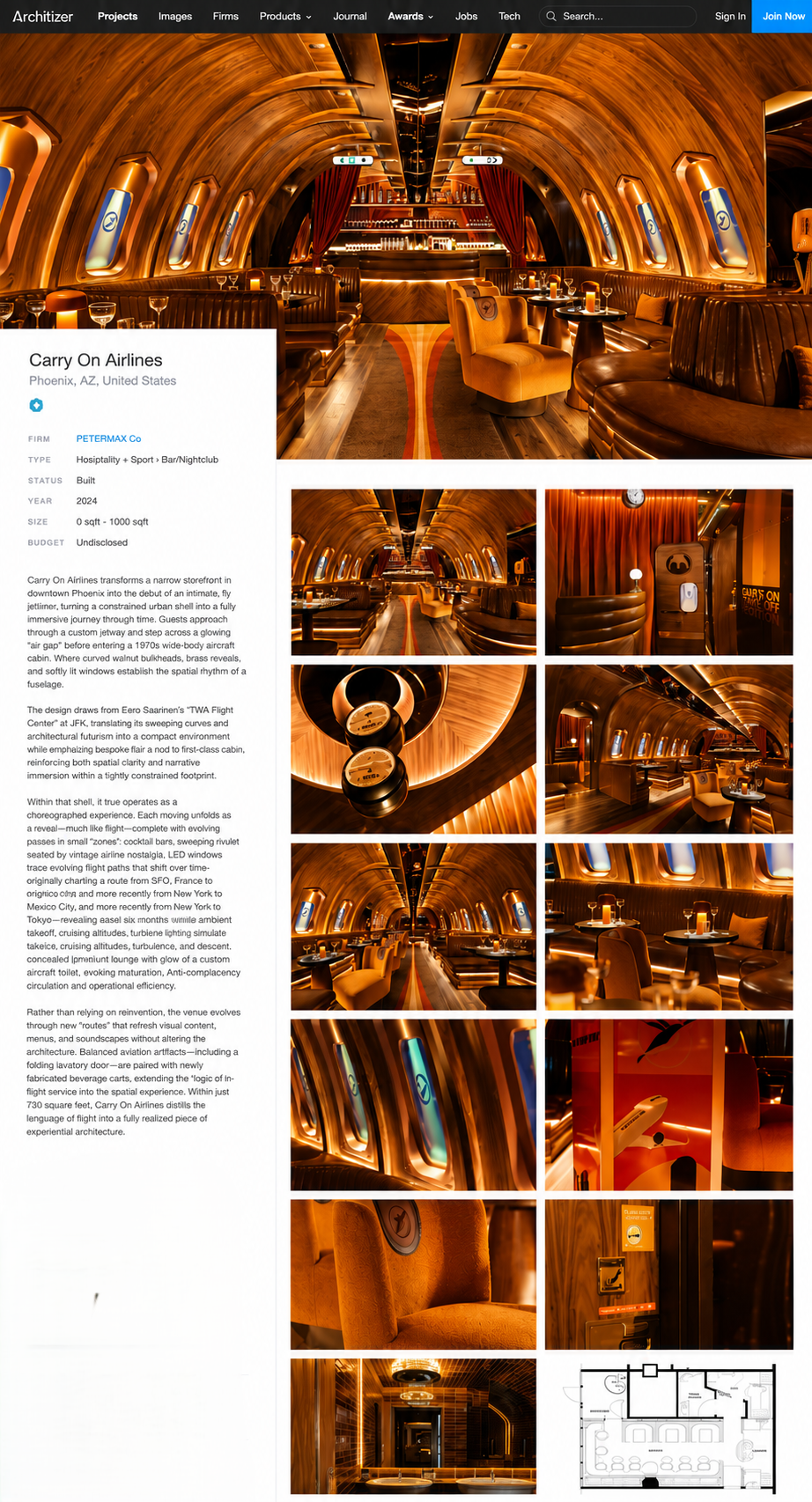 Architizer project page featuring Carry On Airlines as a Finalist in the 2026 A+Awards Hospitality – Bars & Wineries category.