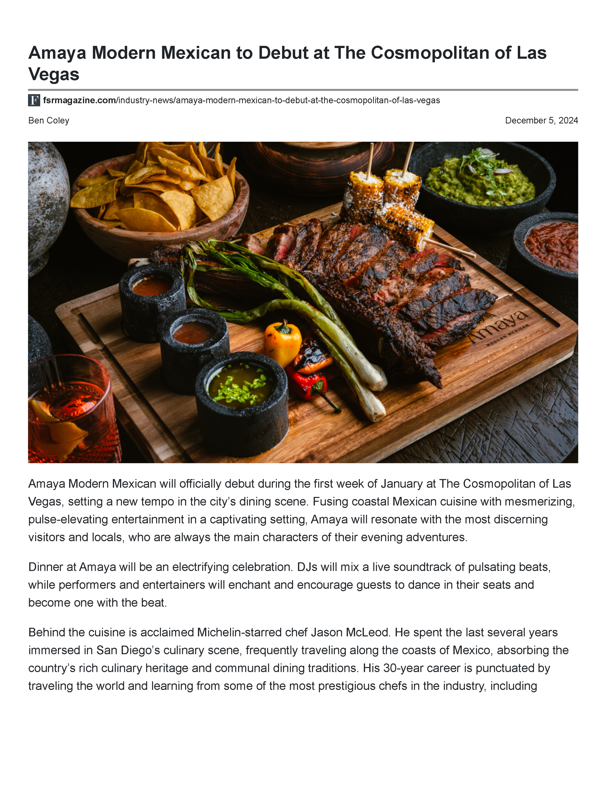 First page of the FSR Magazine article “Amaya Modern Mexican to Debut at The Cosmopolitan of Las Vegas,” introducing the restaurant, entertainment and coastal Mexican menu.