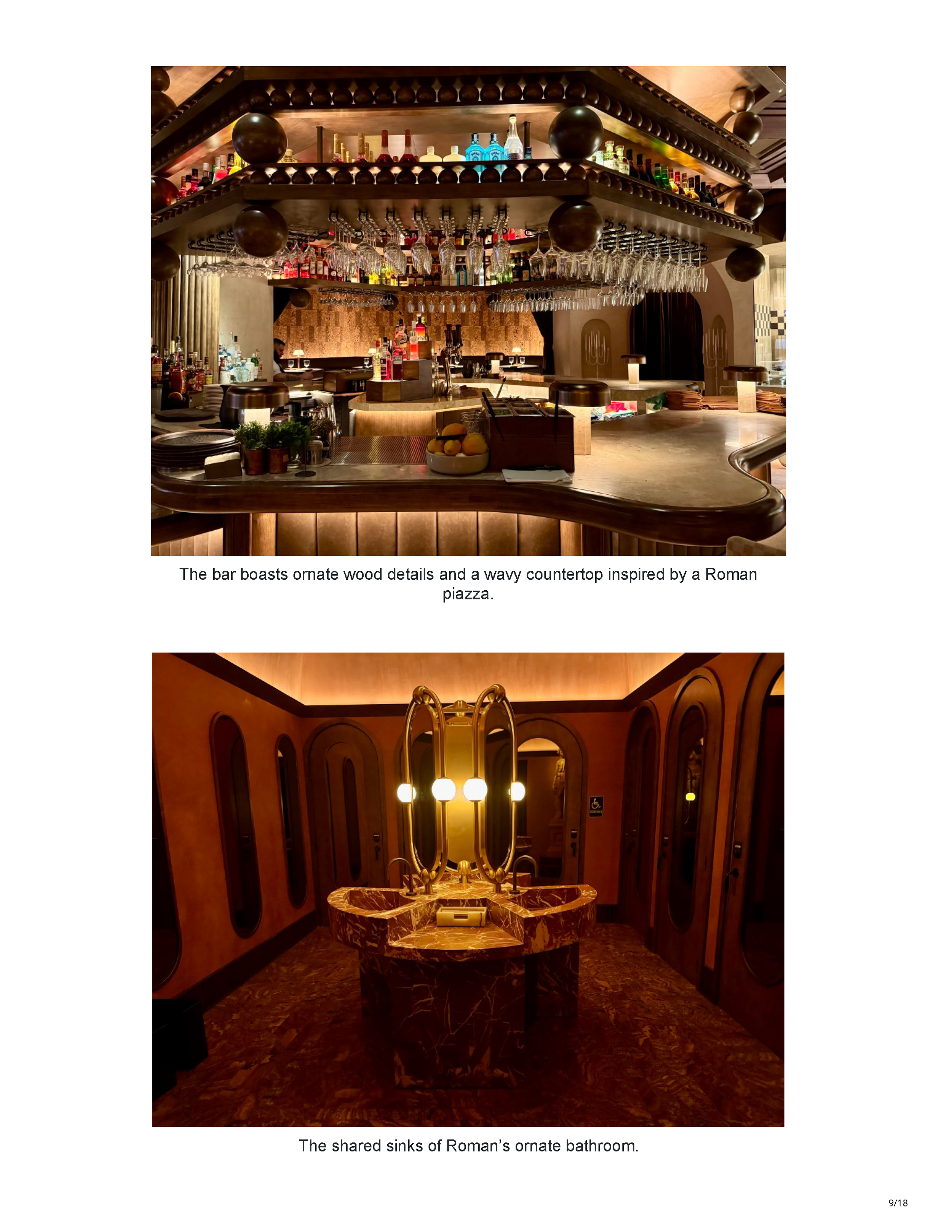 Ninth page of the Phoenix New Times feature showing Roman God of Fire’s ornate bar and shared marble restroom vanity.