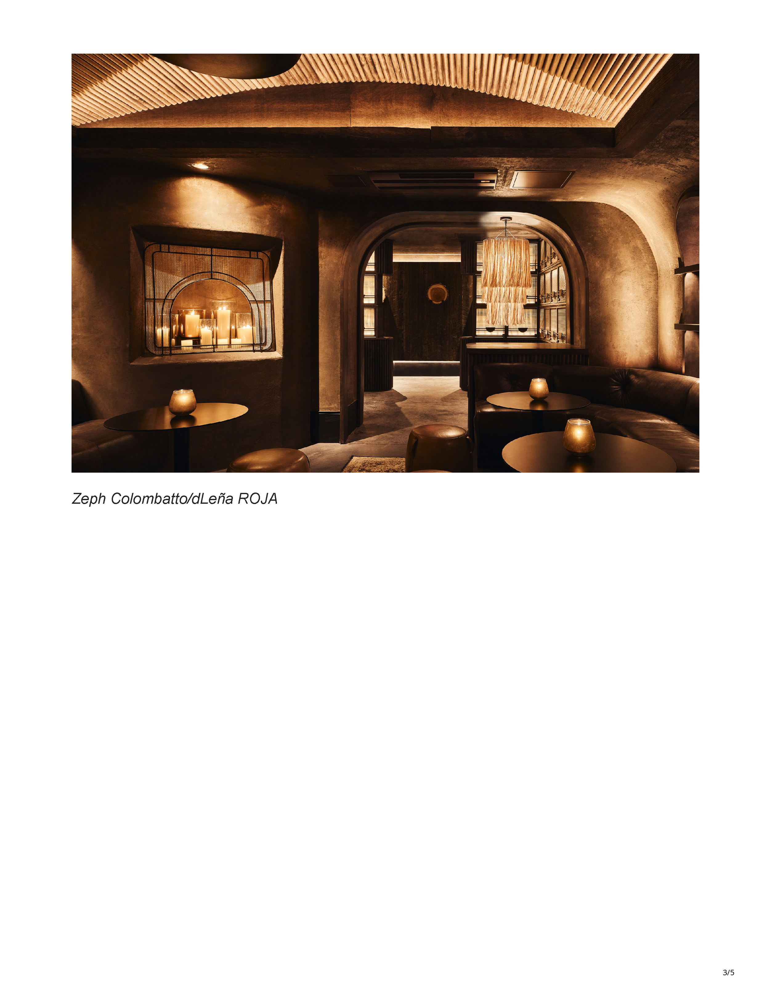 Third page of the Eater DC feature showing an intimate candlelit seating area at dLeña ROJA with sculpted arches, leather banquettes and a woven pendant.