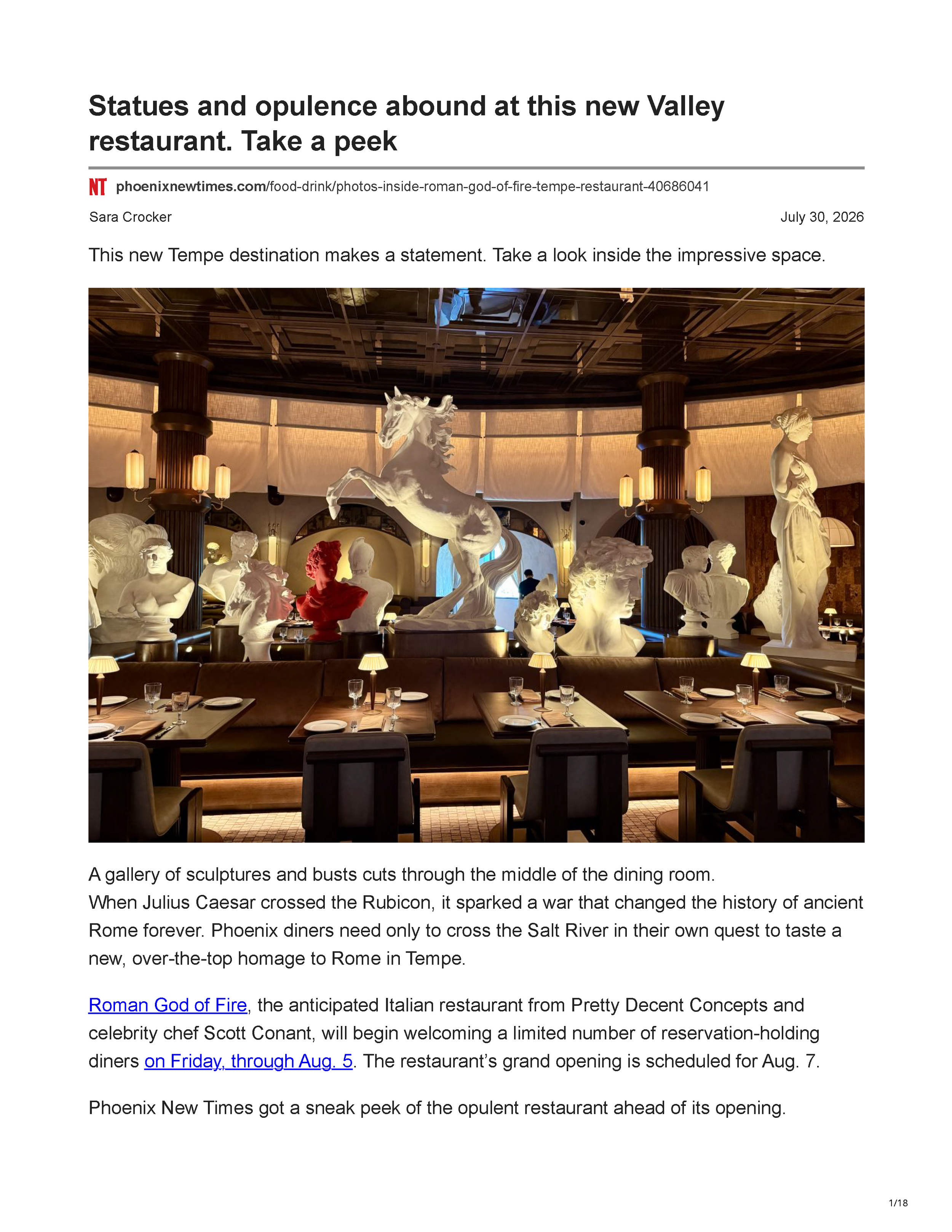First page of the Phoenix New Times article “Statues and opulence abound at this new Valley restaurant. Take a peek,” showing Roman God of Fire’s central gallery of classical sculptures.