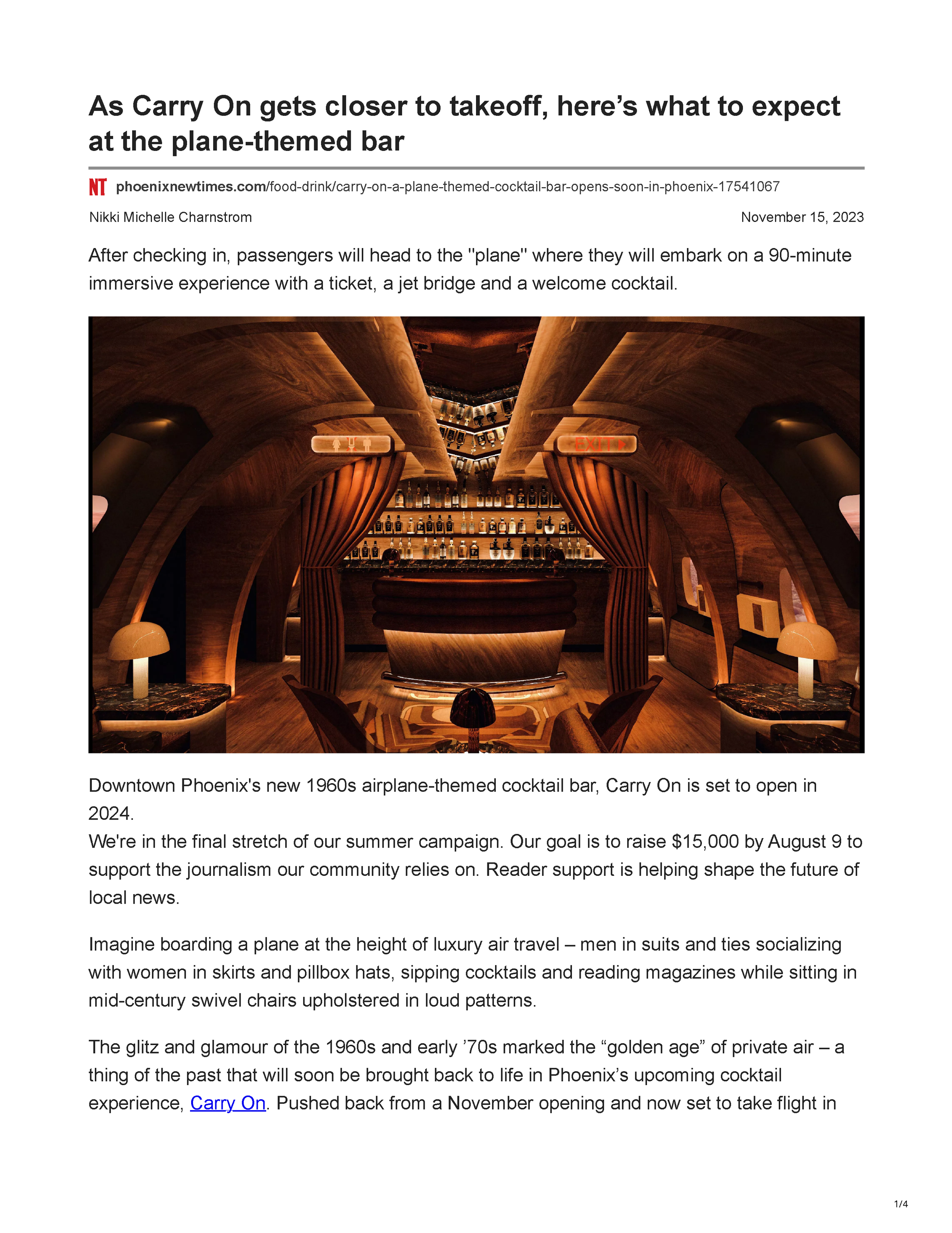 Phoenix New Times article page previewing Carry On, an airplane-themed cocktail bar opening in Downtown Phoenix, with a rendering of its wood-paneled bar interior, page 1.