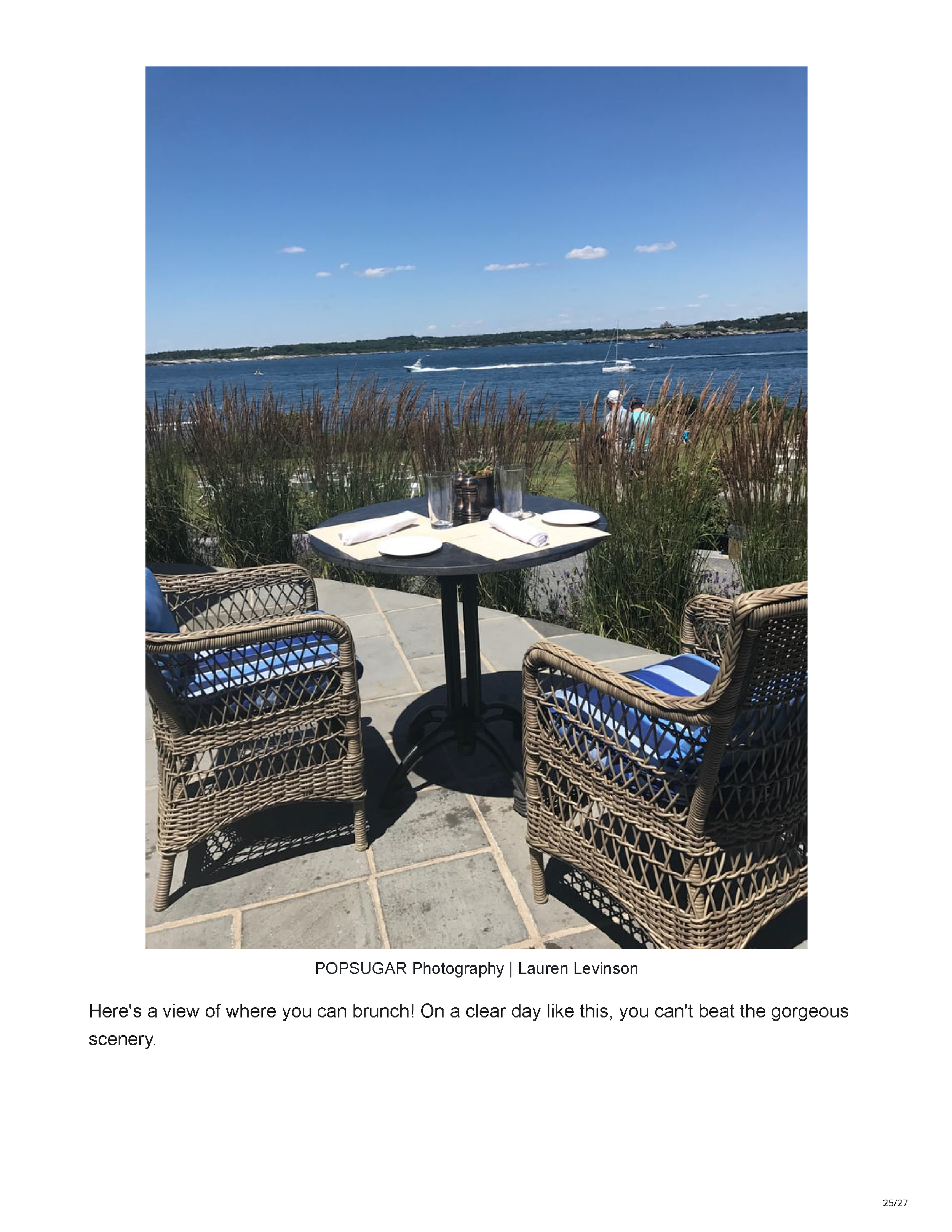 POPSUGAR’s Newport travel feature crediting Peter Max Bowden of PETERMAX Co. with the sophisticated nautical interiors of Gurney’s Newport Resort, page 25