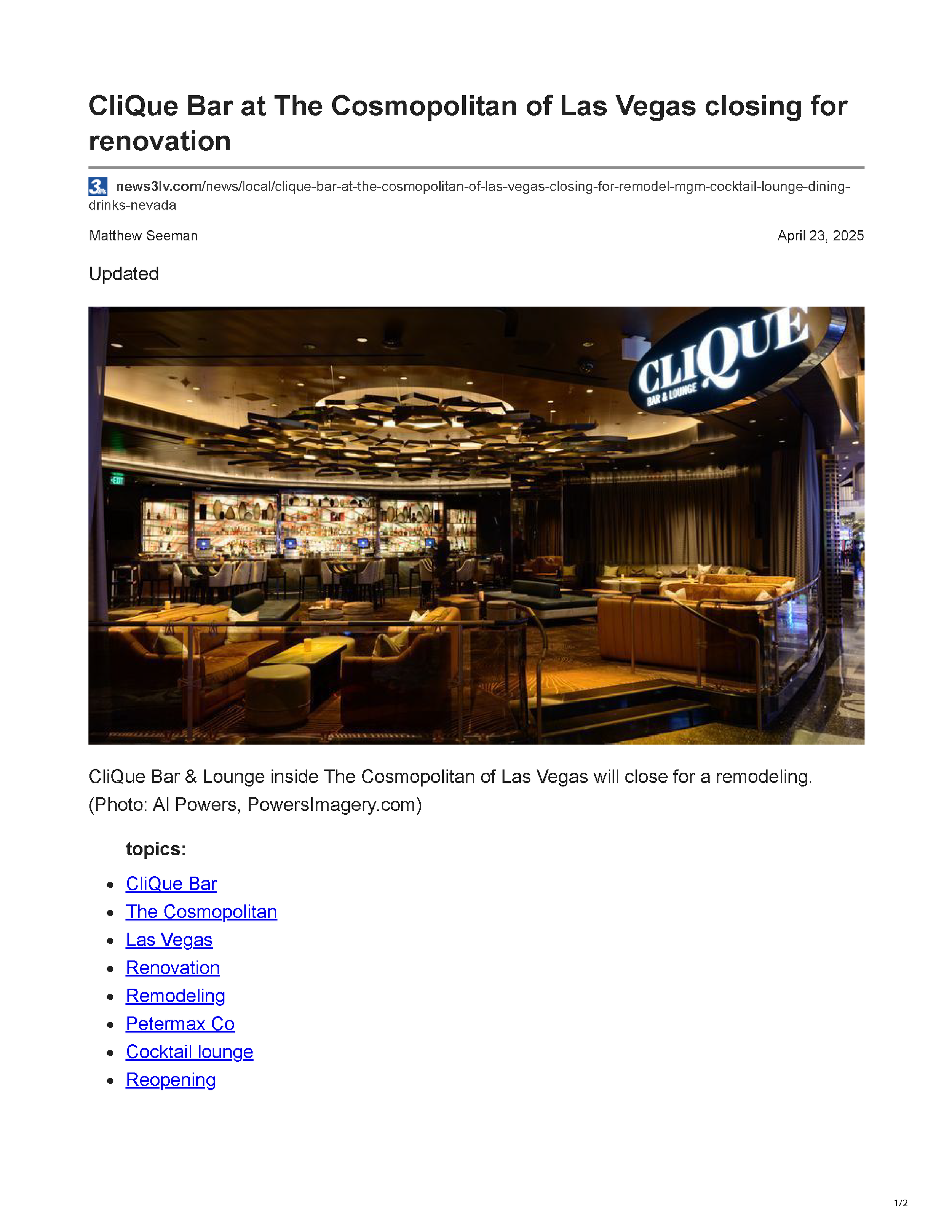 Page 1 of the News 3 Las Vegas article about CliQue Bar & Lounge at The Cosmopolitan of Las Vegas closing for renovation.