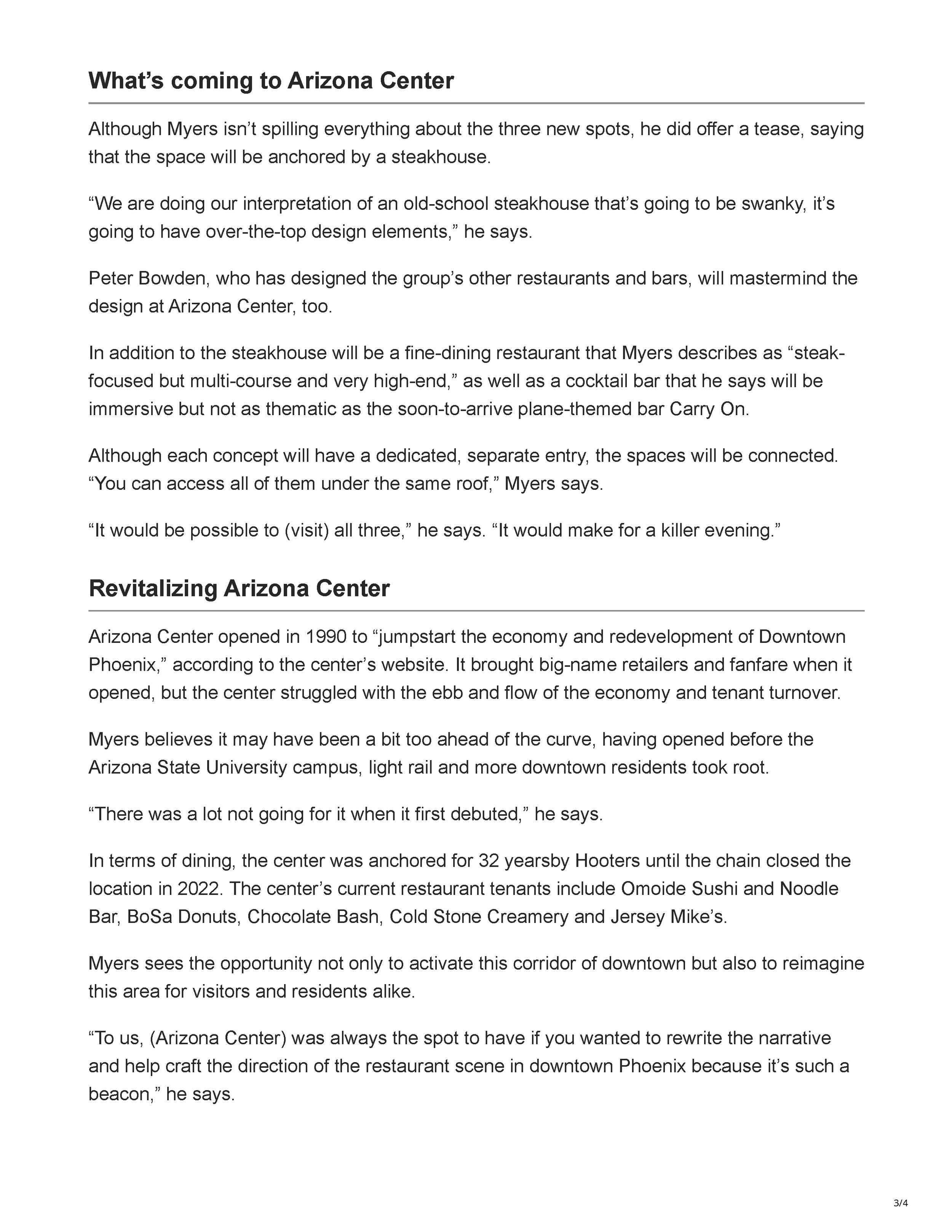 Phoenix New Times article page announcing Pretty Decent Concepts’ planned restaurants and cocktail bar at Arizona Center in Downtown Phoenix, page 3.