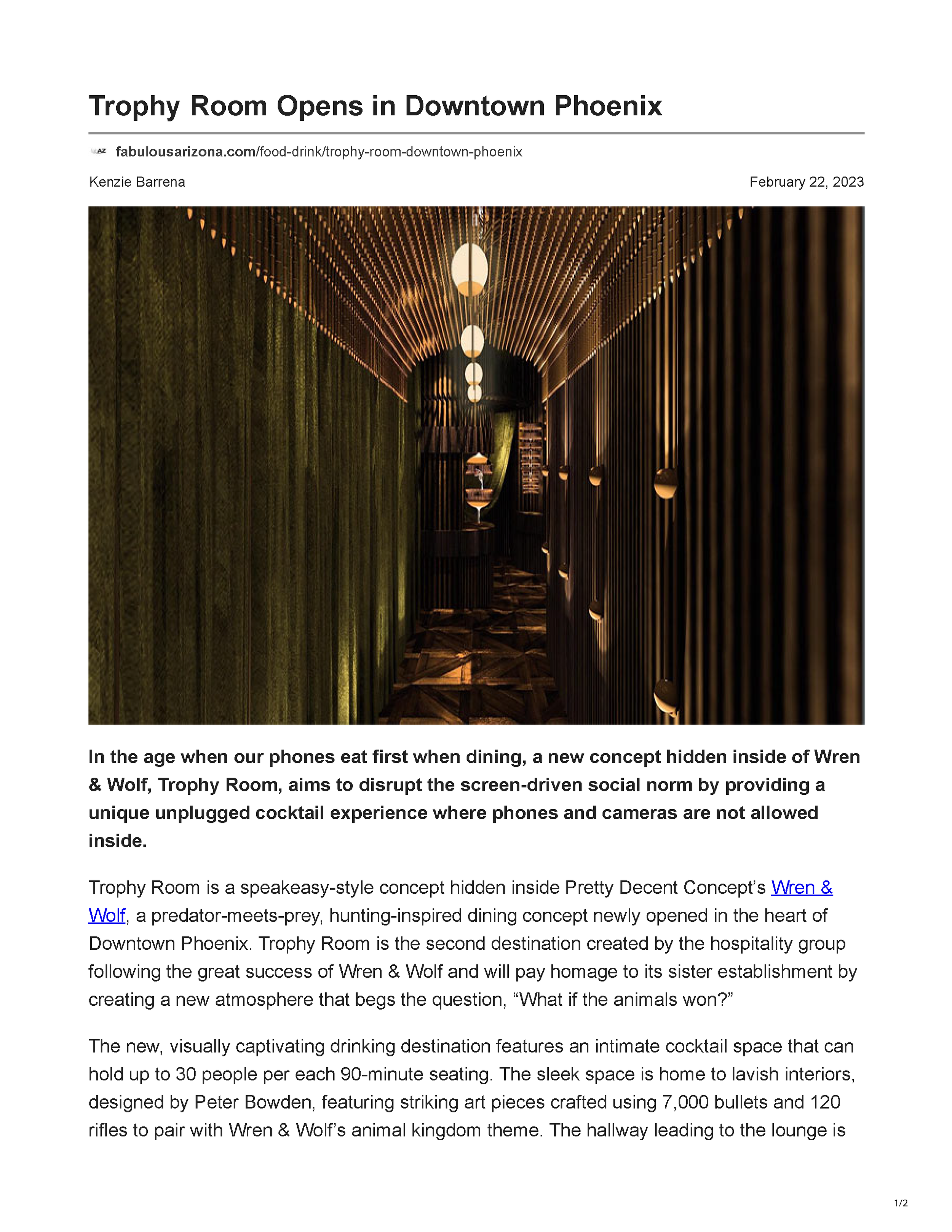 Page 1 of the Fabulous Arizona article titled Trophy Room Opens in Downtown Phoenix, featuring the Trophy Room corridor rendering and opening article text.