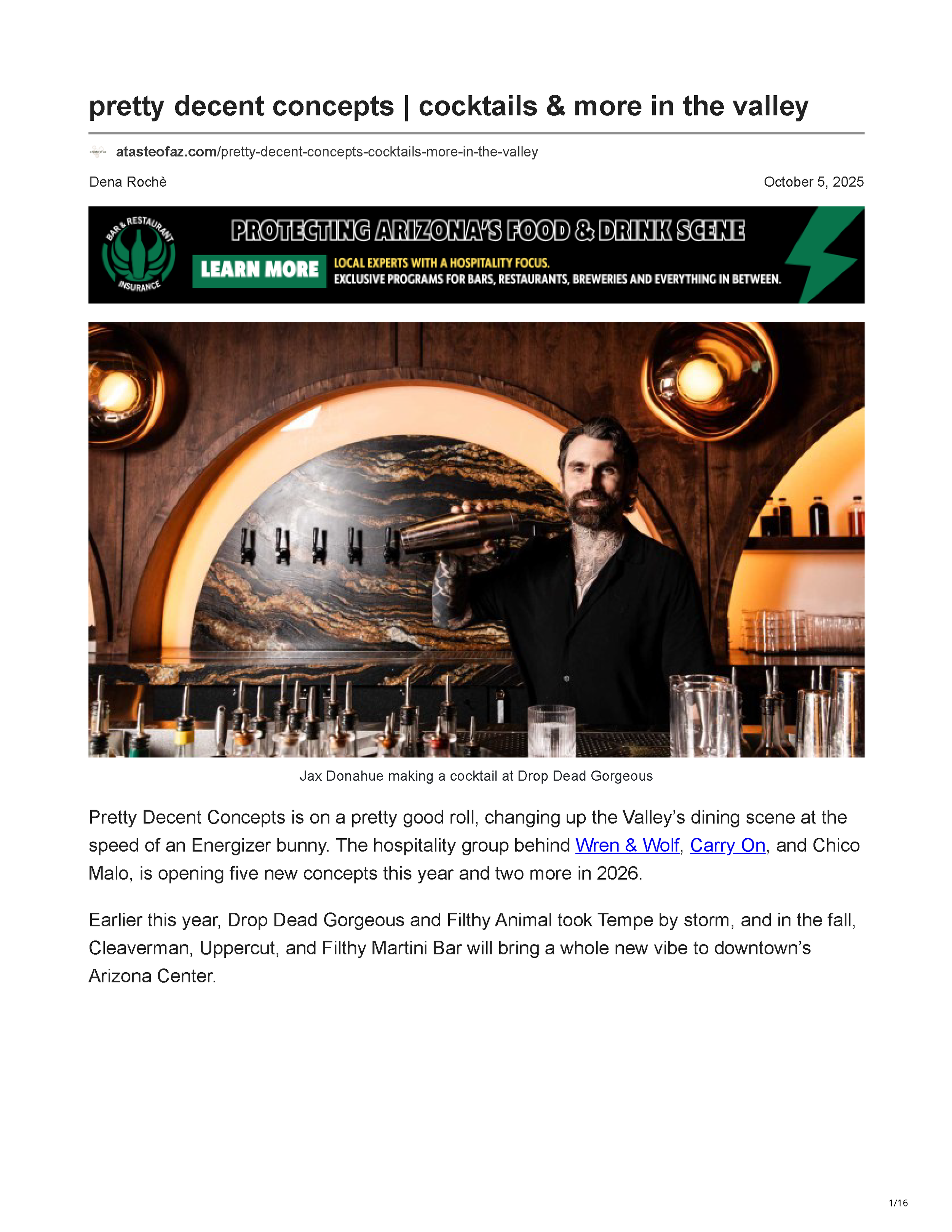 First page of “pretty decent concepts | cocktails & more in the valley,” introducing Pretty Decent Concepts and showing Jax Donahue behind the bar at Drop Dead Gorgeous.