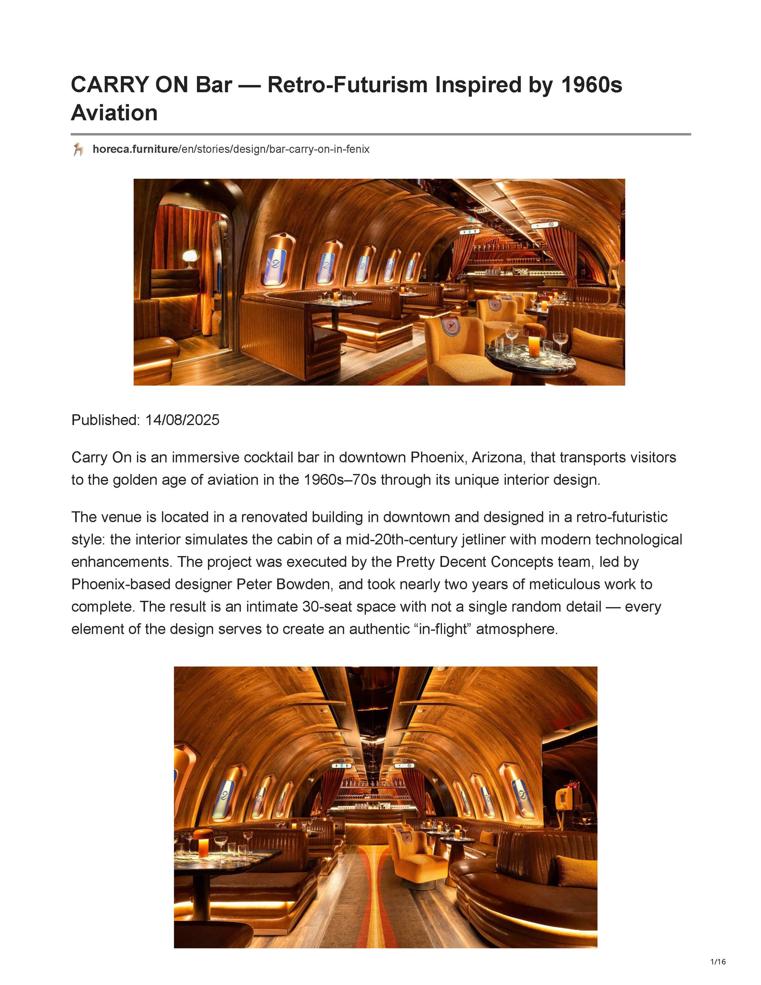 HoReCa Furniture feature on Peter Bowden’s Carry On bar design in Phoenix, exploring its retro-futurist aviation concept, materials, lighting, technology, and custom interior details, page 1