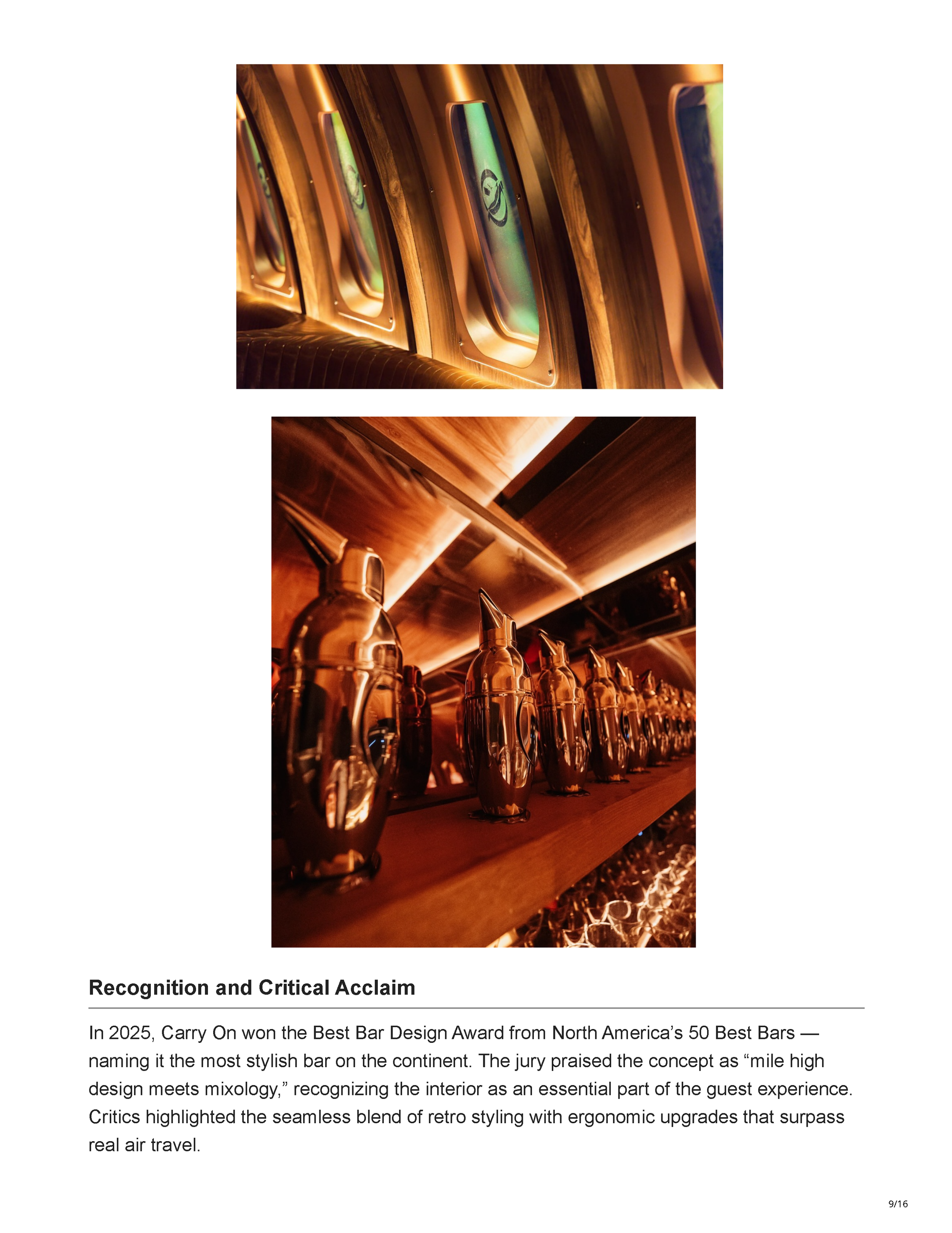 HoReCa Furniture feature on Peter Bowden’s Carry On bar design in Phoenix, exploring its retro-futurist aviation concept, materials, lighting, technology, and custom interior details, page 9