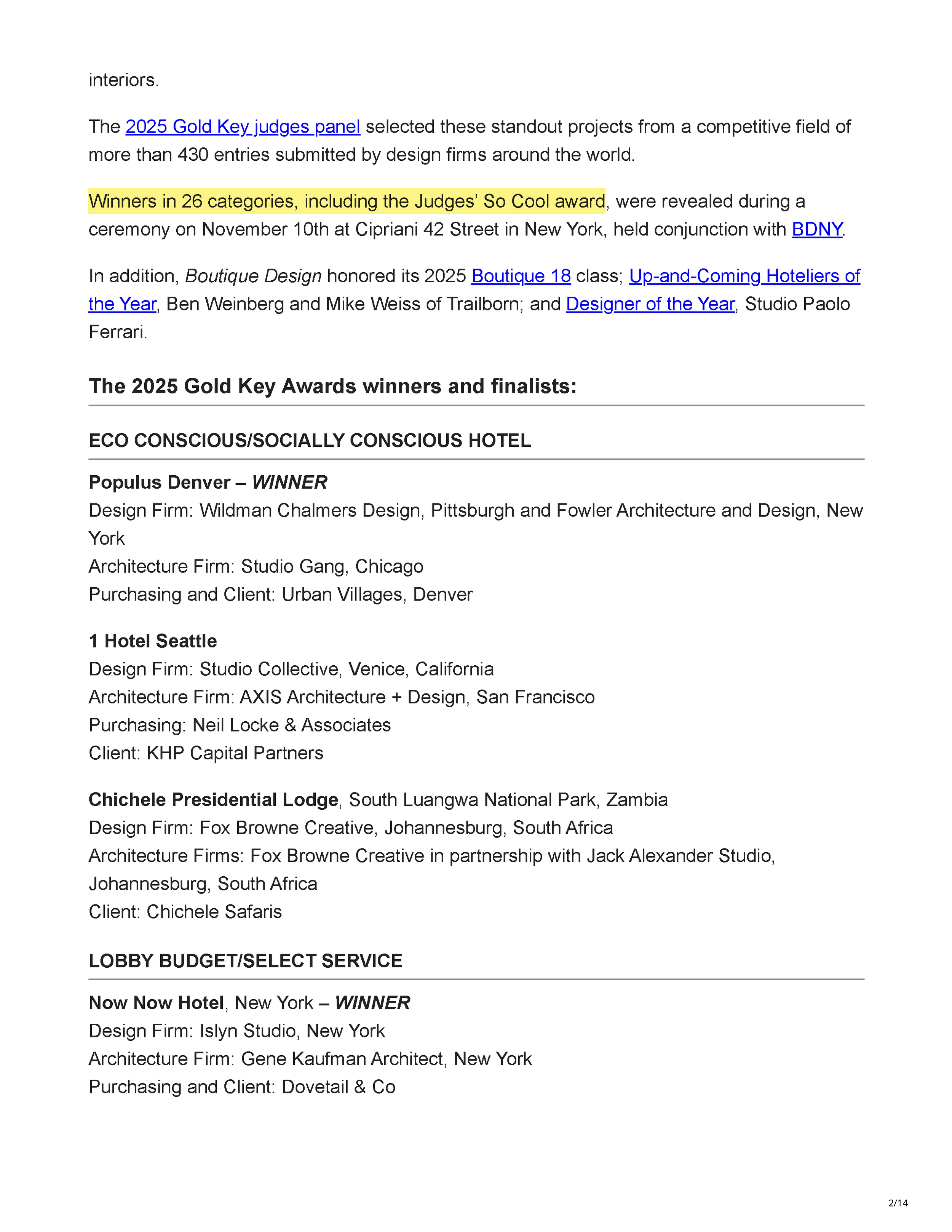 Official 45th Annual Gold Key Awards winners listing showing Carry On Airlines as the Bar/Club/Lounge winner, Drop Dead Gorgeous as a finalist, and Carry On Airlines receiving the Judges' So Cool Award, page 2.