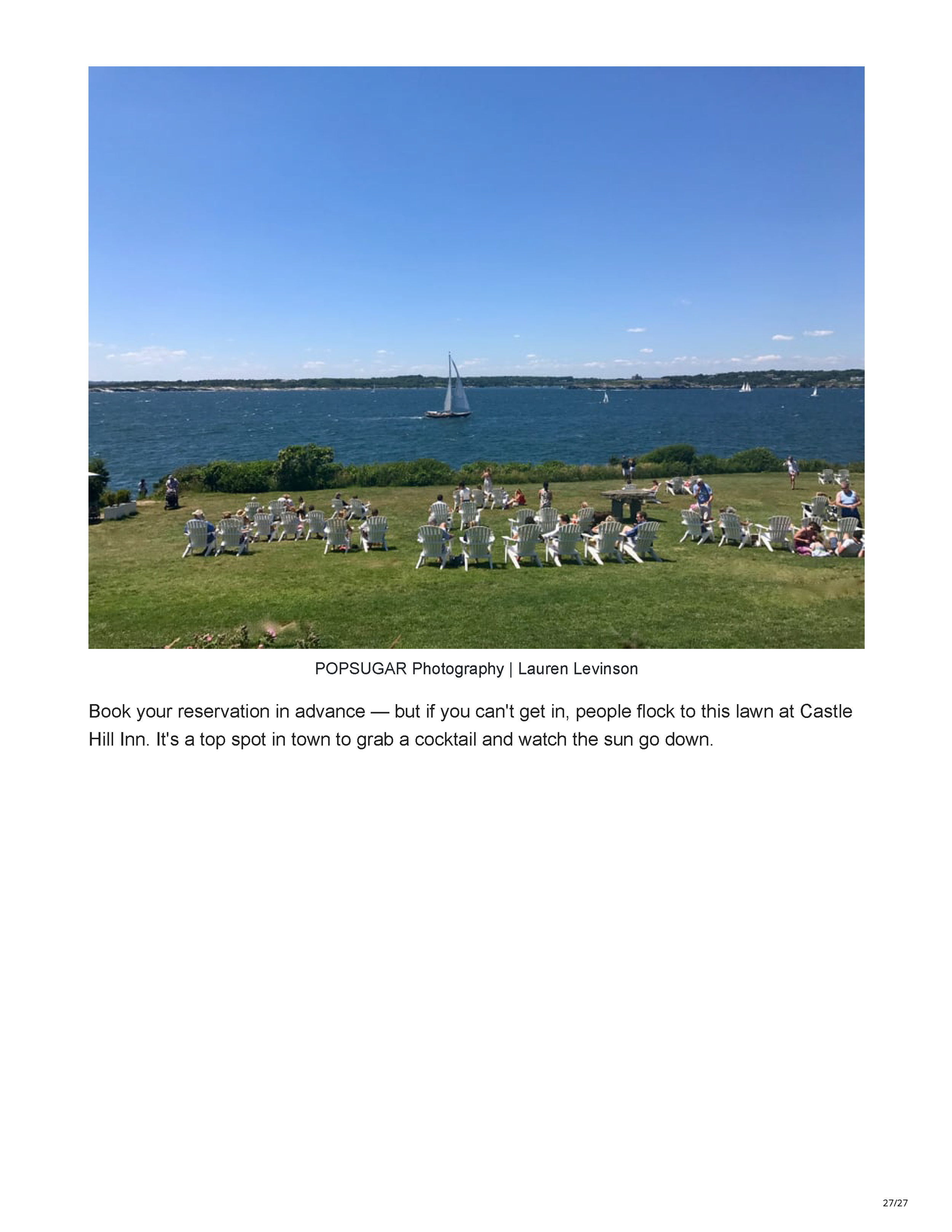 POPSUGAR’s Newport travel feature crediting Peter Max Bowden of PETERMAX Co. with the sophisticated nautical interiors of Gurney’s Newport Resort, page 27