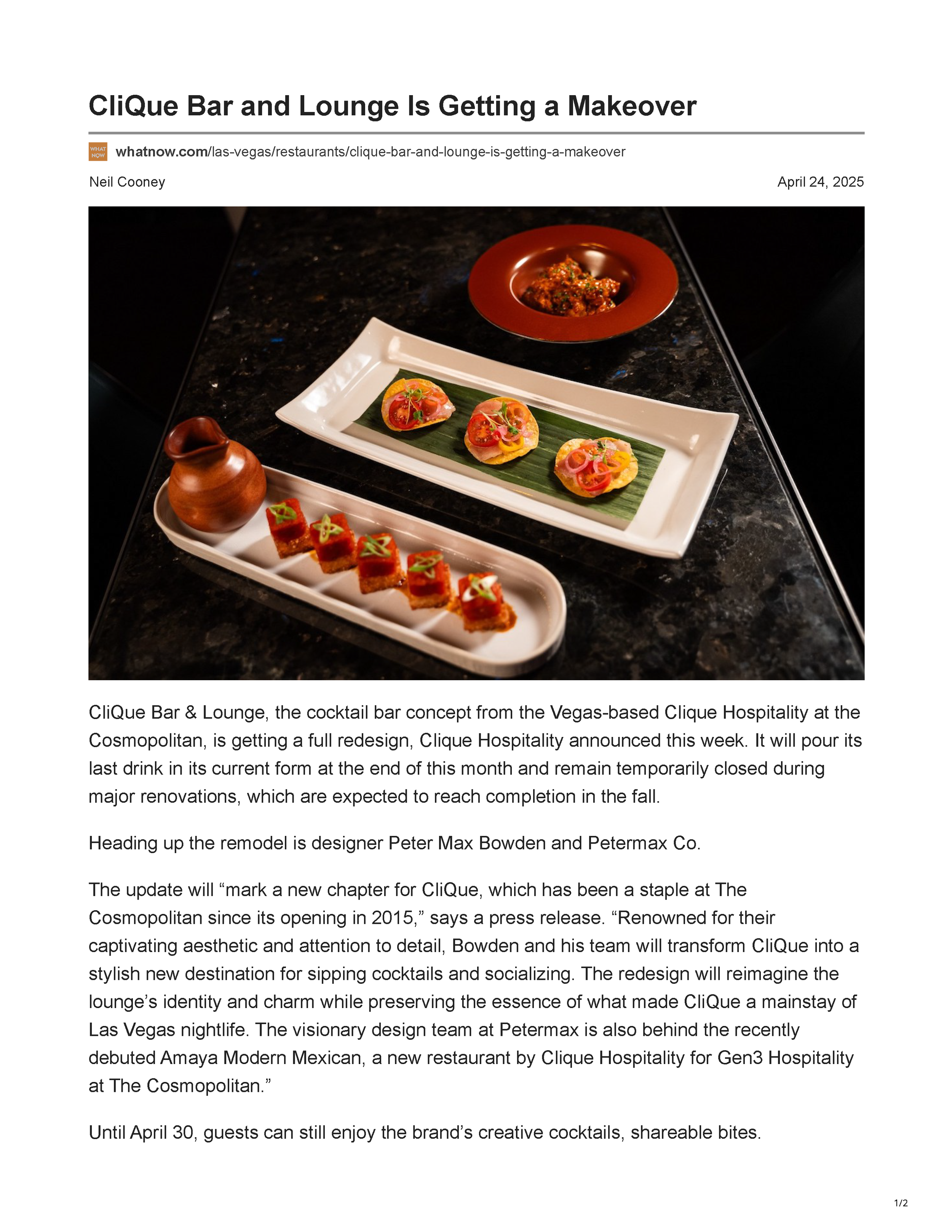 First page of the What Now Las Vegas article “Clique Bar and Lounge Is Getting a Makeover,” announcing that Peter Maxwell Bowden and PETERMAX Co. will lead the venue’s full redesign.