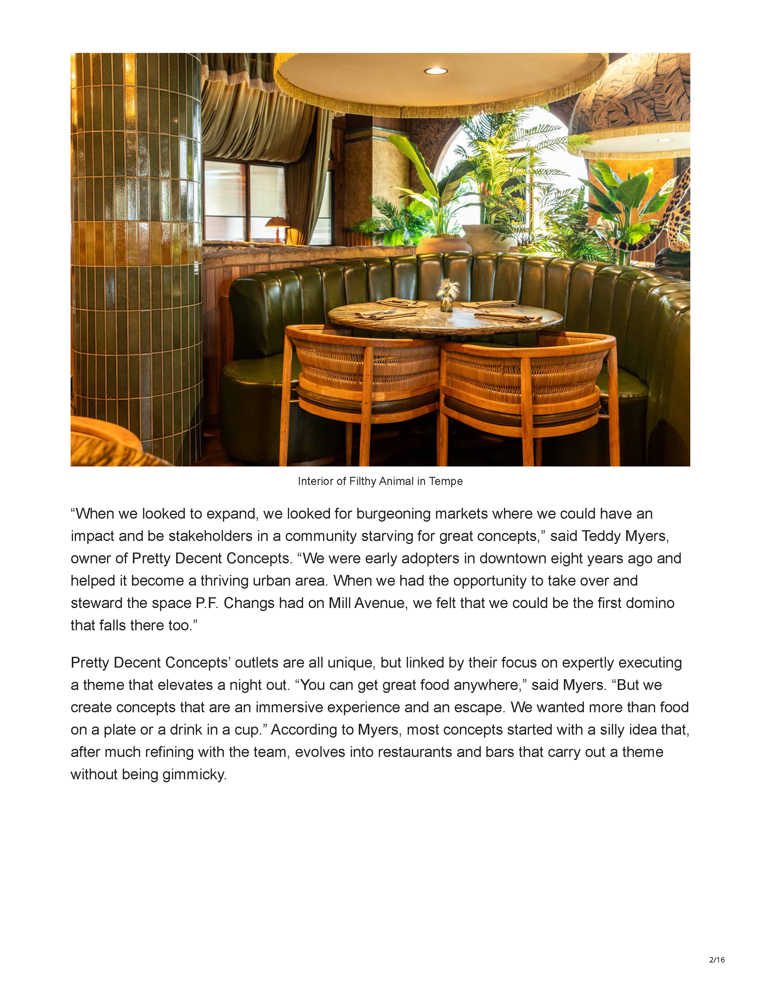 Interior of Filthy Animal in Tempe with green leather seating, woven chairs, tropical planting and rich natural textures.