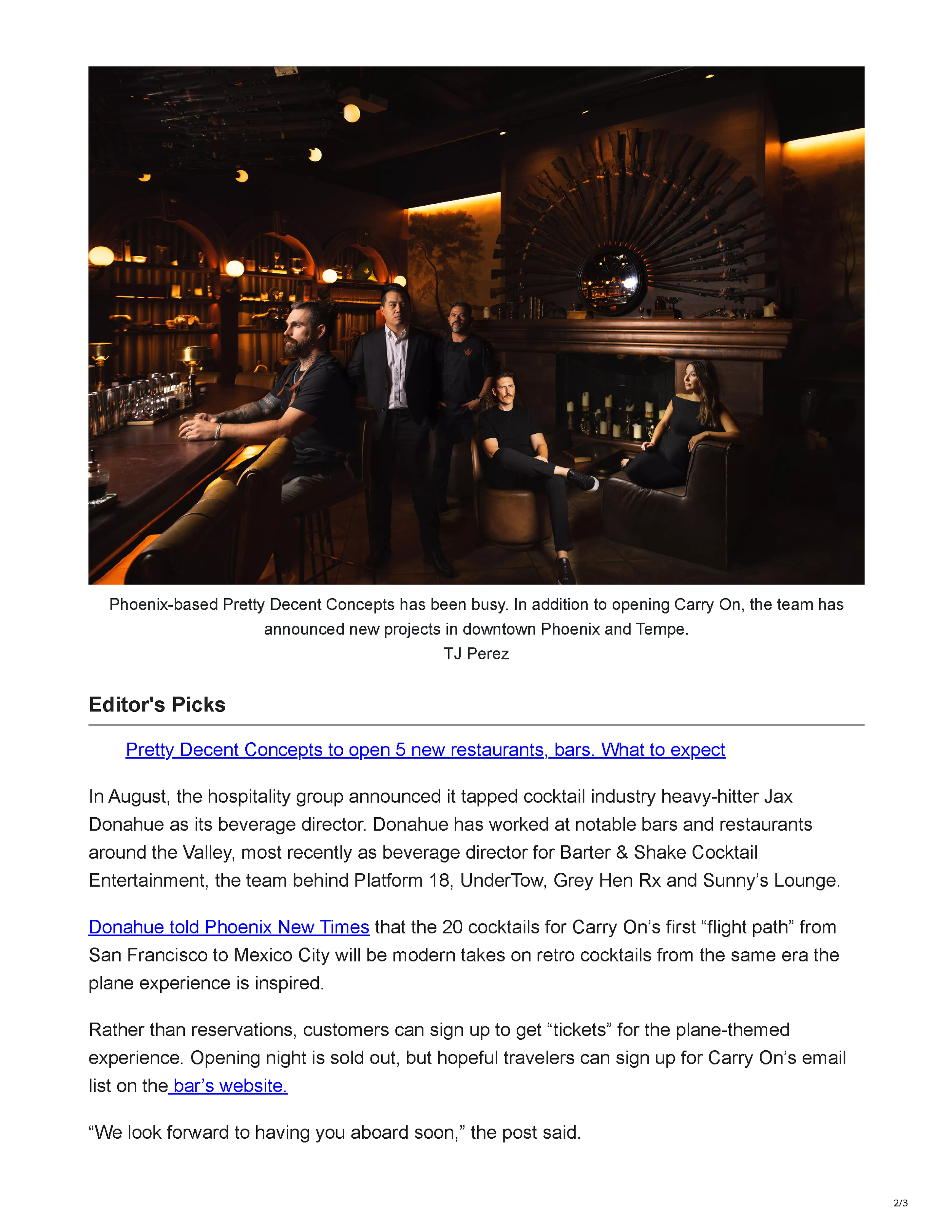 Phoenix New Times article page announcing the opening of Carry On in Downtown Phoenix, featuring a photograph of the airplane-themed cocktail bar interior, page 2.