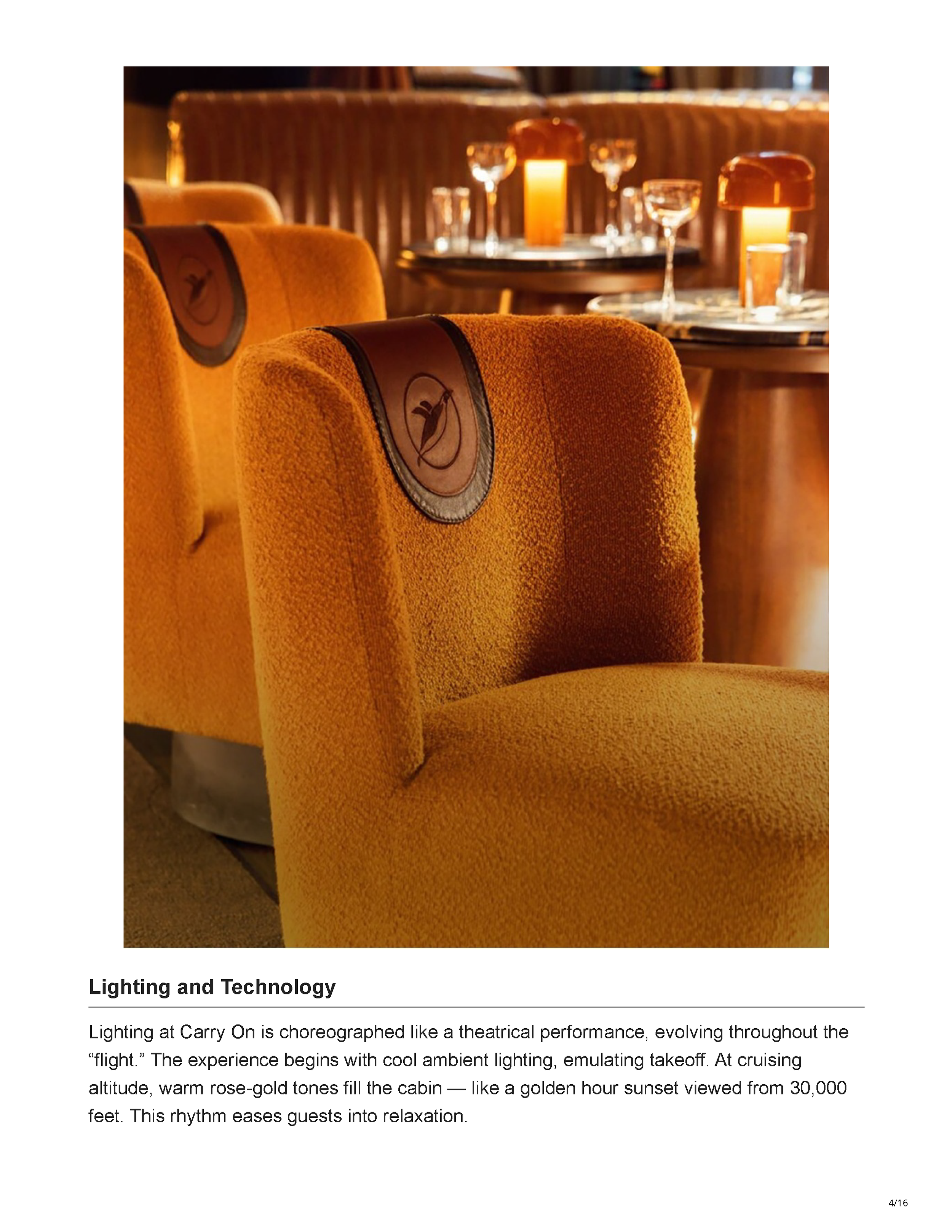 HoReCa Furniture feature on Peter Bowden’s Carry On bar design in Phoenix, exploring its retro-futurist aviation concept, materials, lighting, technology, and custom interior details, page 4