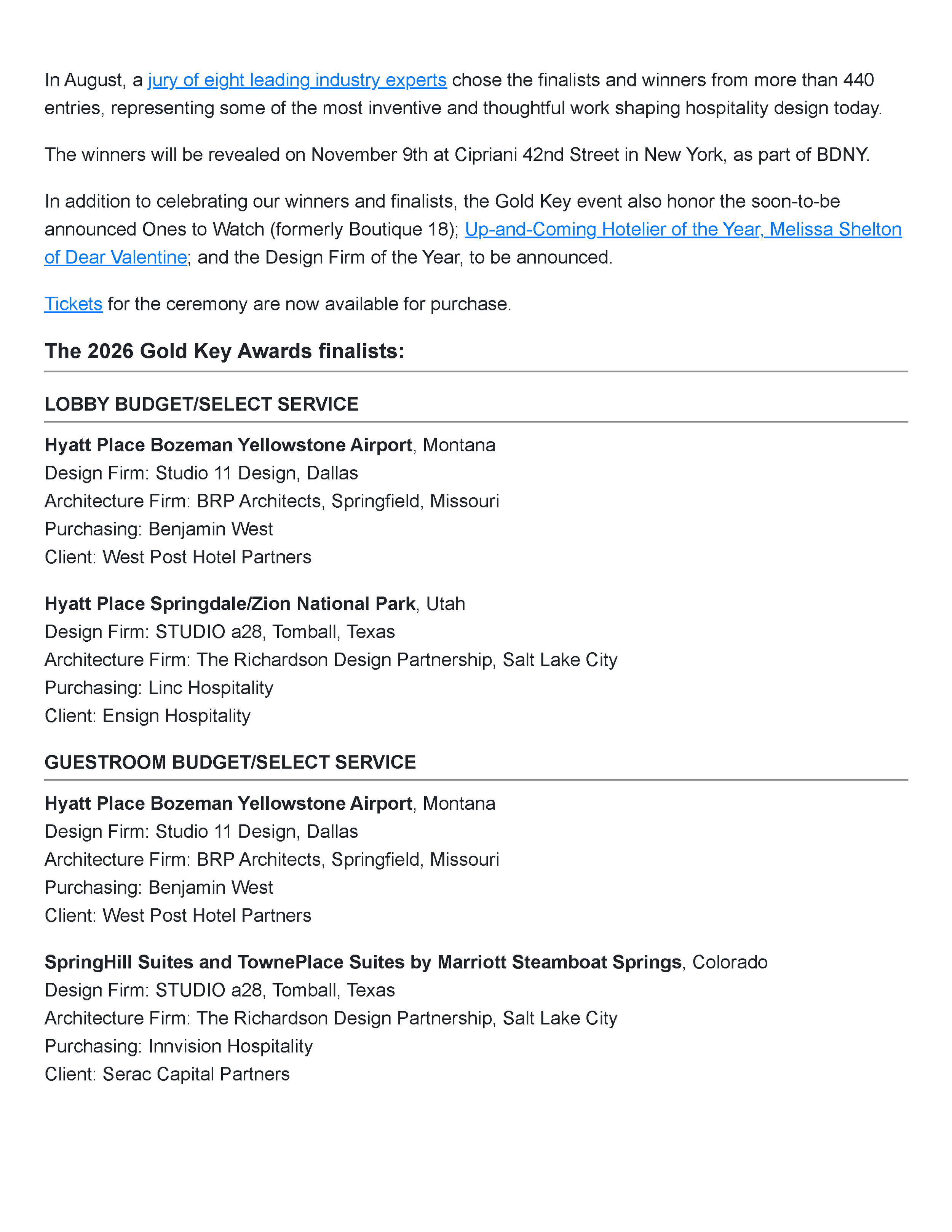 Boutique Design’s 2026 Gold Key Awards finalist list naming Uppercut in Phoenix as a Restaurant Upscale Dining finalist and crediting PETERMAX Co. for design and purchasing, page 2.