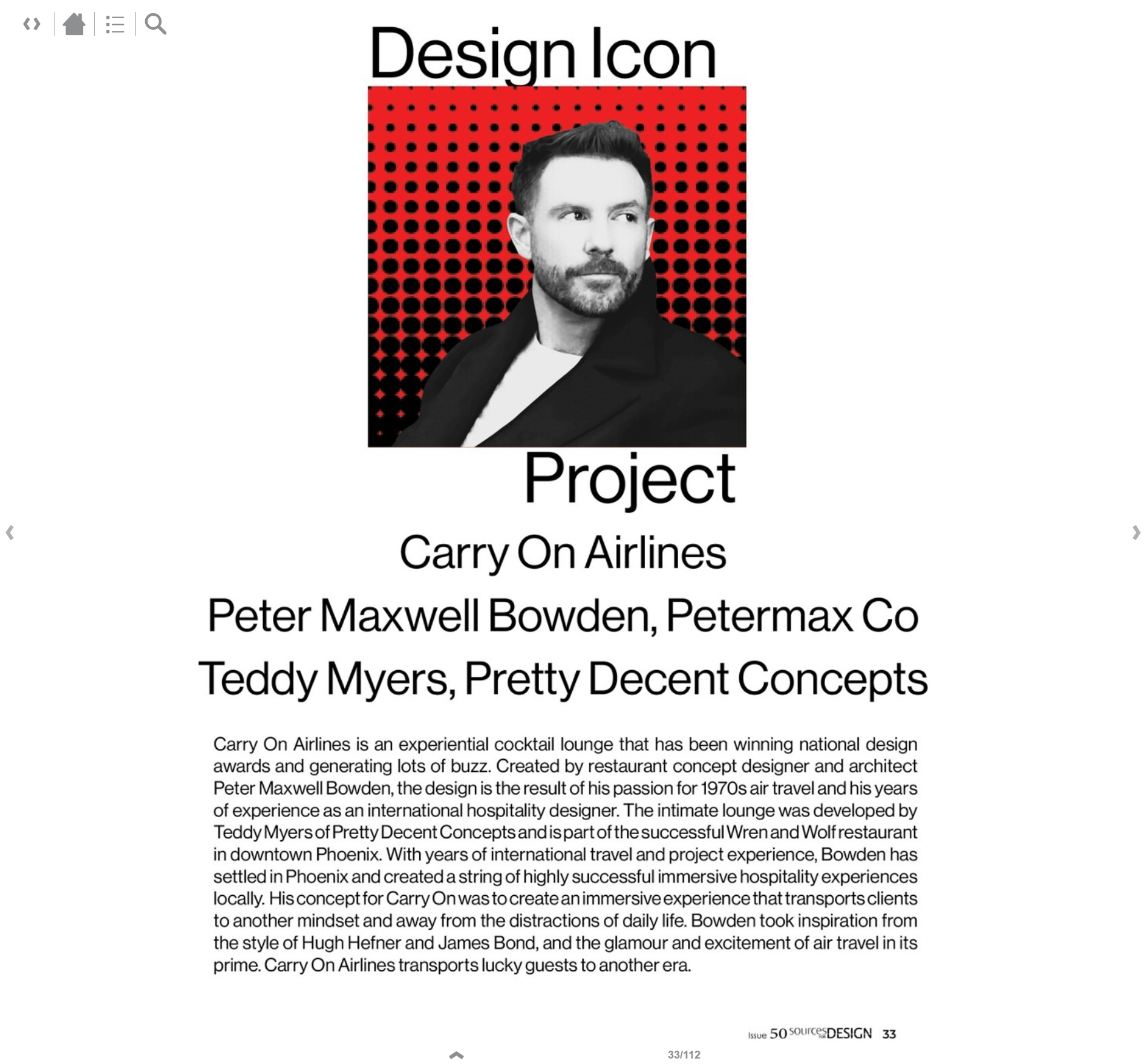 Feature on design icon, Peter Maxwell Bowden of PETERMAX Co, and his globally award-winning project Carry On Airlines, page 2.