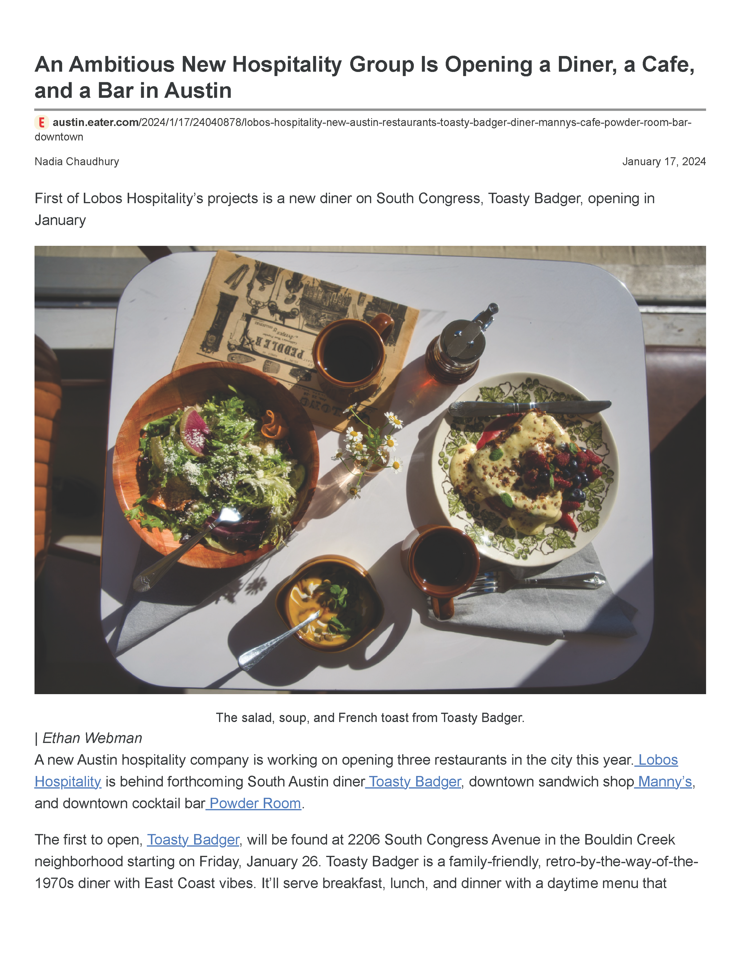 First page of the Eater Austin article introducing Lobos Hospitality and its plans for Toasty Badger, Manny’s and Powder Room.