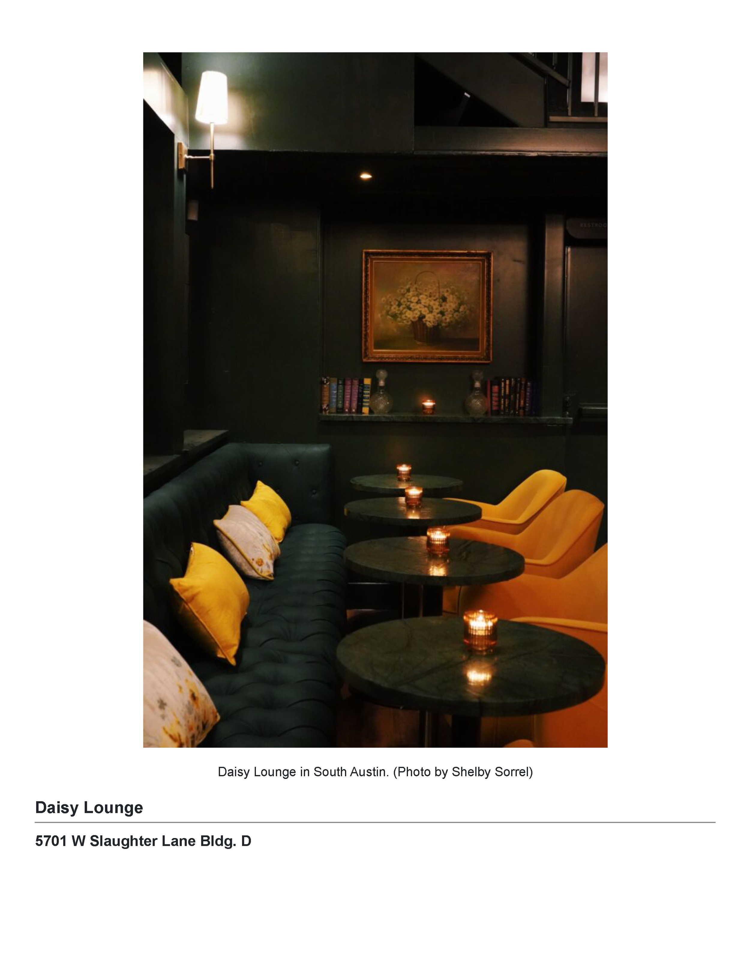 Tribeza’s Powder Room feature crediting PETERMAX founder and creative director Peter Maxwell Bowden with the Austin cocktail lounge’s interior design, Page 13.