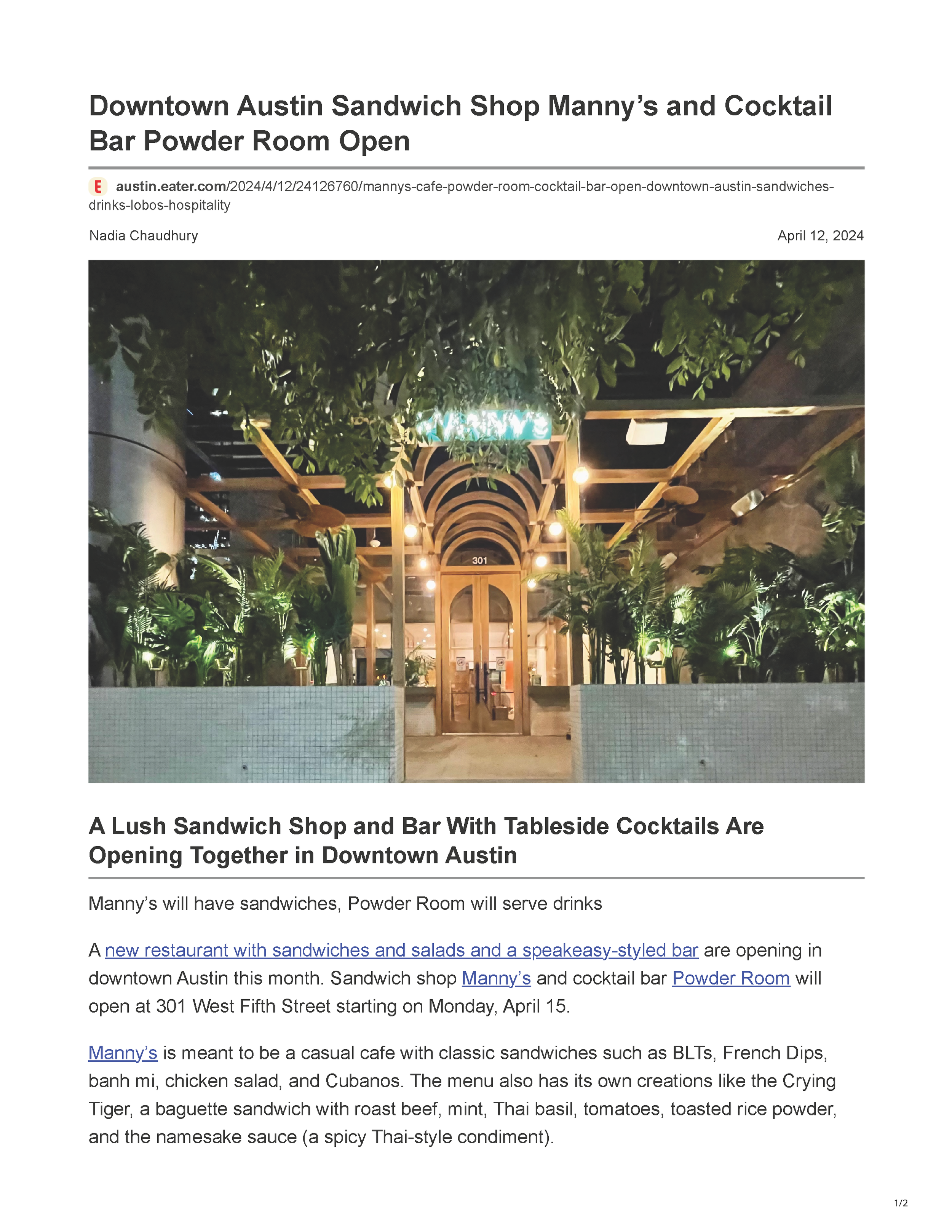 Eater Austin article page featuring Manny’s and Powder Room in Downtown Austin, with a photograph of the lush entrance and shared restaurant-bar concept, page 1.
