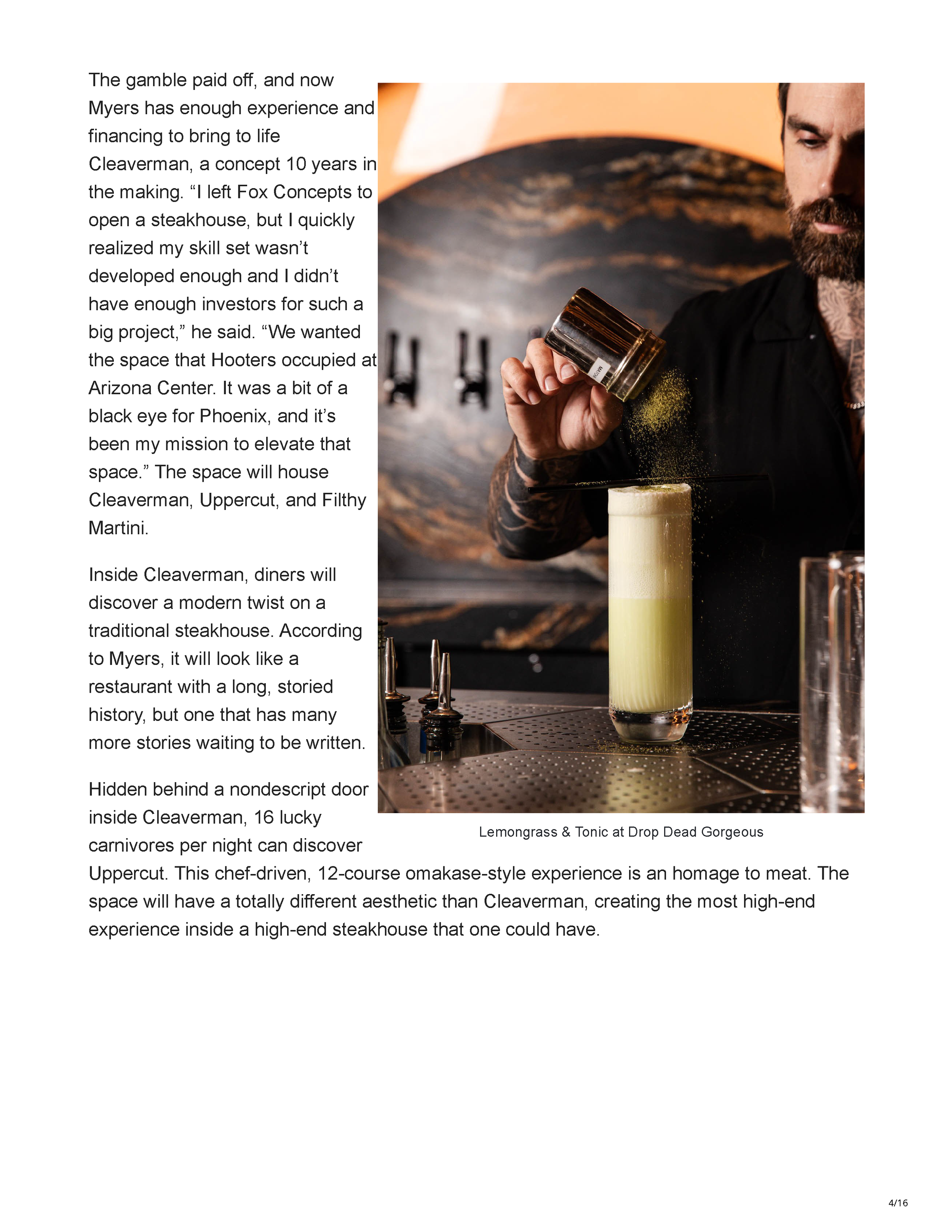 A Taste of AZ article page discussing Cleaverman, Uppercut and Filthy Martini alongside a cocktail being prepared at Drop Dead Gorgeous.