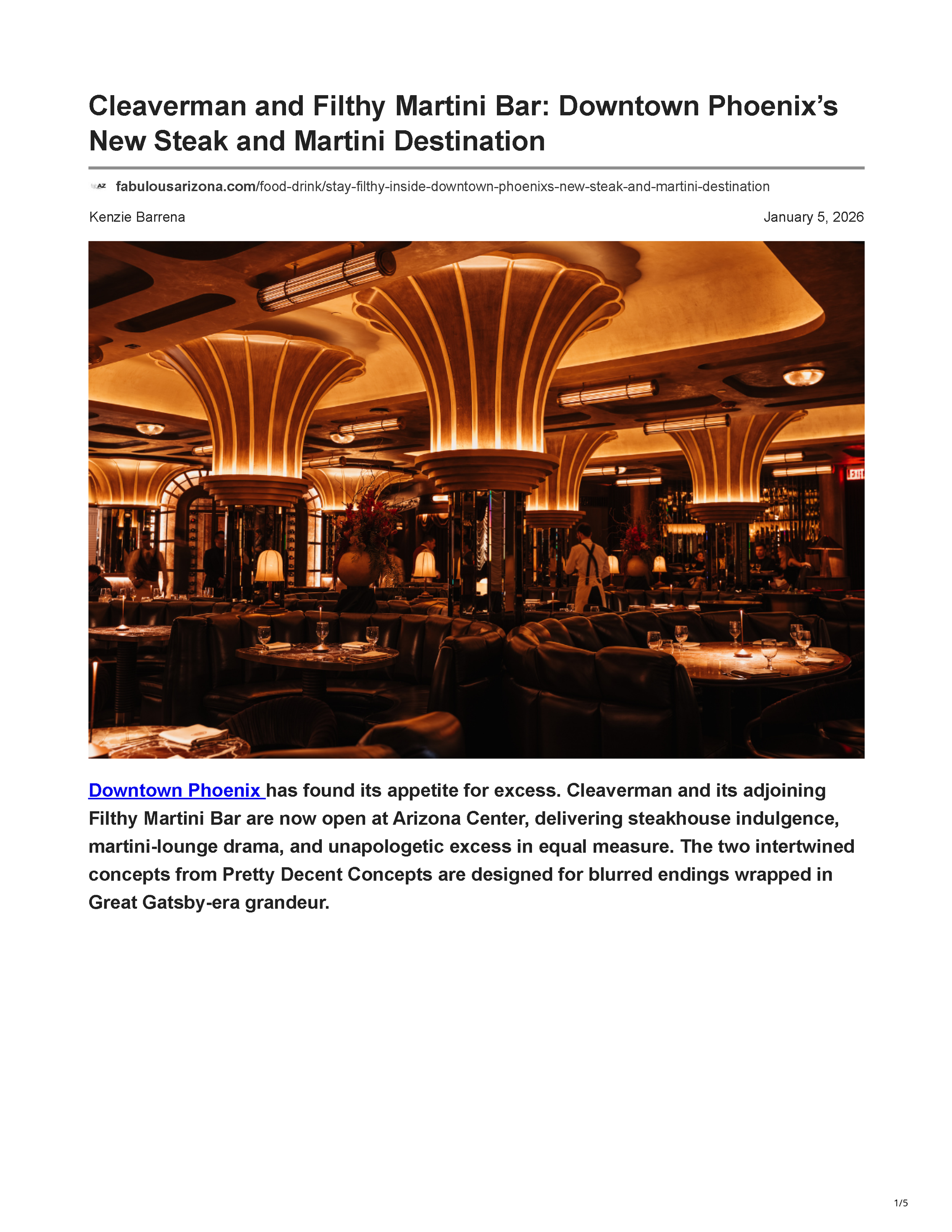 Fabulous Arizona article page featuring Cleaverman and Filthy Martini Bar, adjoining steakhouse and cocktail lounge concepts in Downtown Phoenix designed by Peter Bowden, page 1.