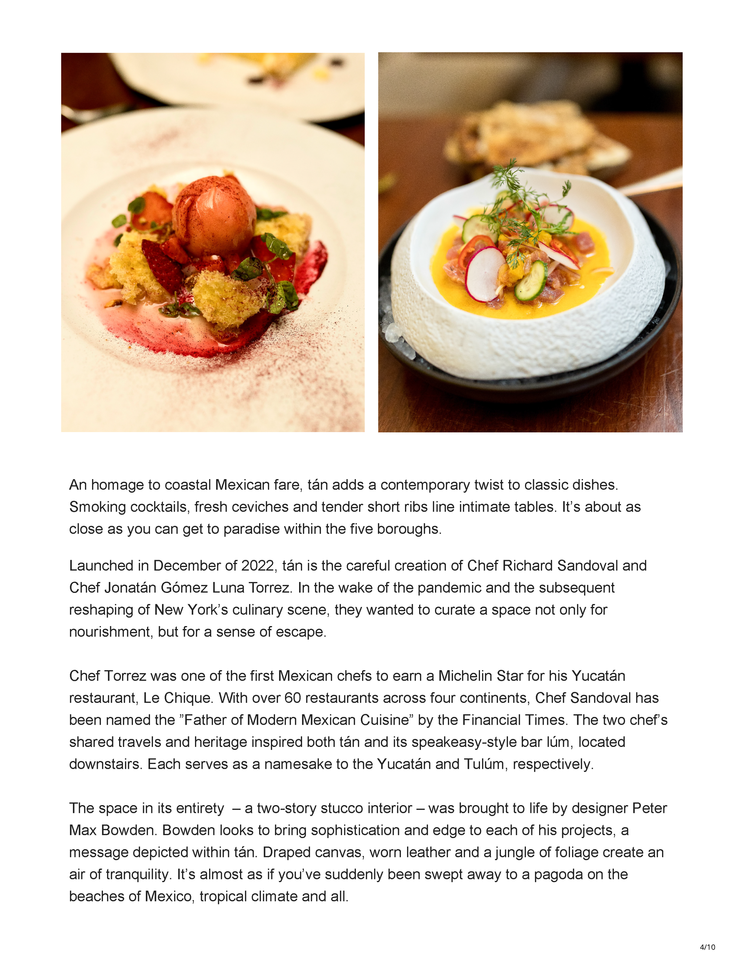 Spaced Magazine article page featuring “Tán New York,” a Yucatán-inspired restaurant in Midtown Manhattan designed by Peter Bowden, page 2.