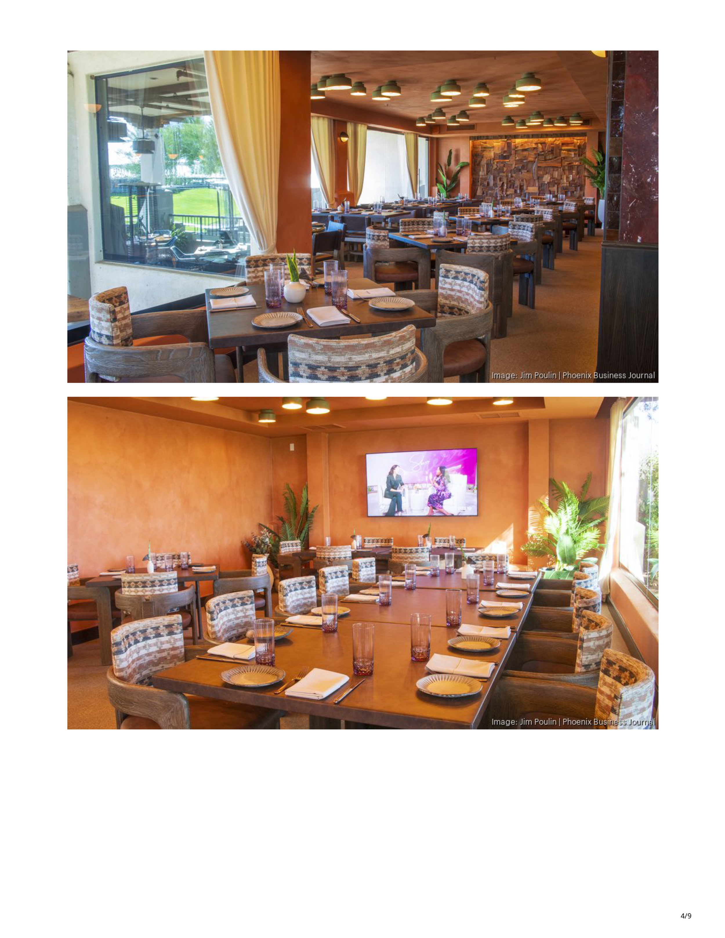 Phoenix Business Journal article about the reimagined Toro Scottsdale, featuring the redesigned restaurant’s curved banquette, central table and tropical bar interior, page 4
