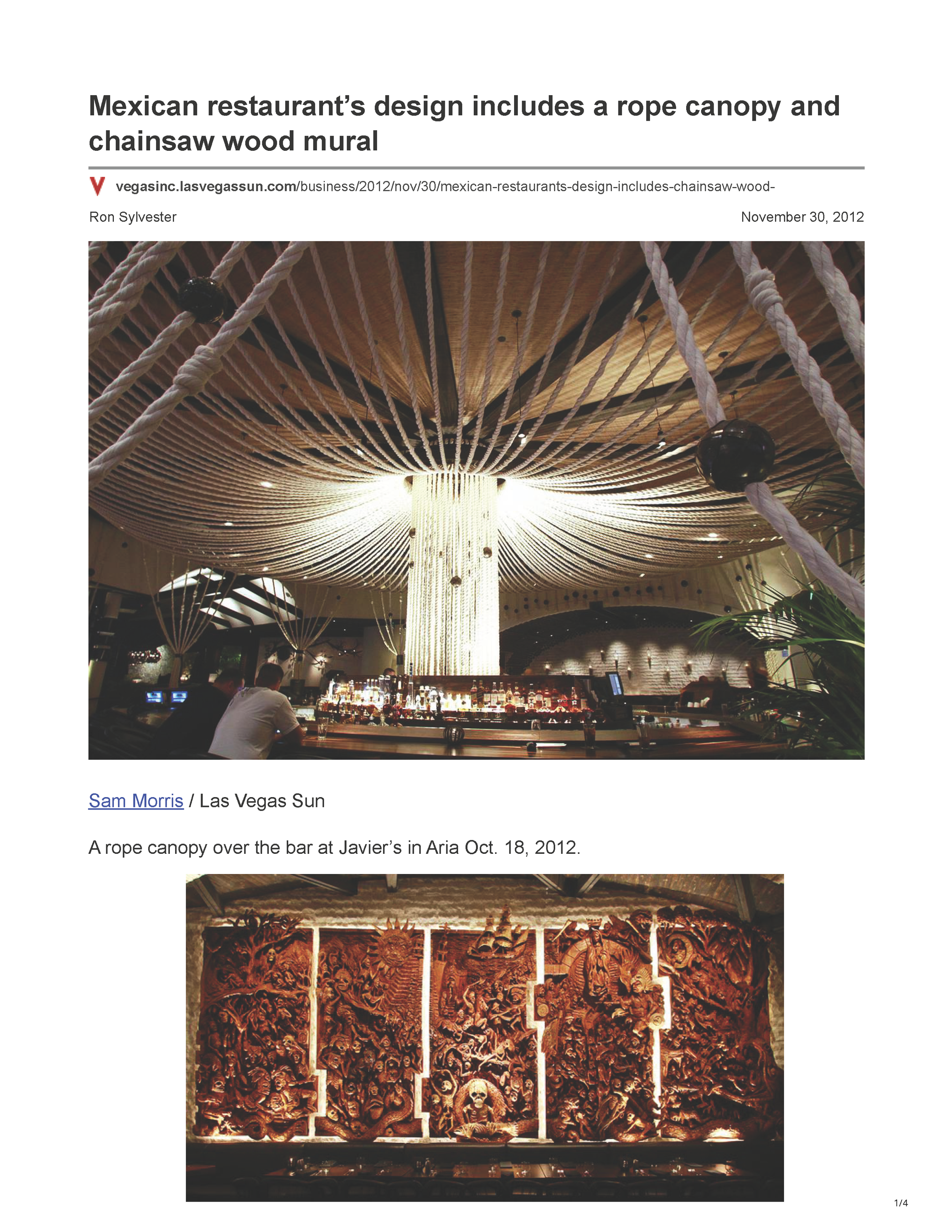 Page 1 of the Vegas Inc feature on Javier’s at ARIA.