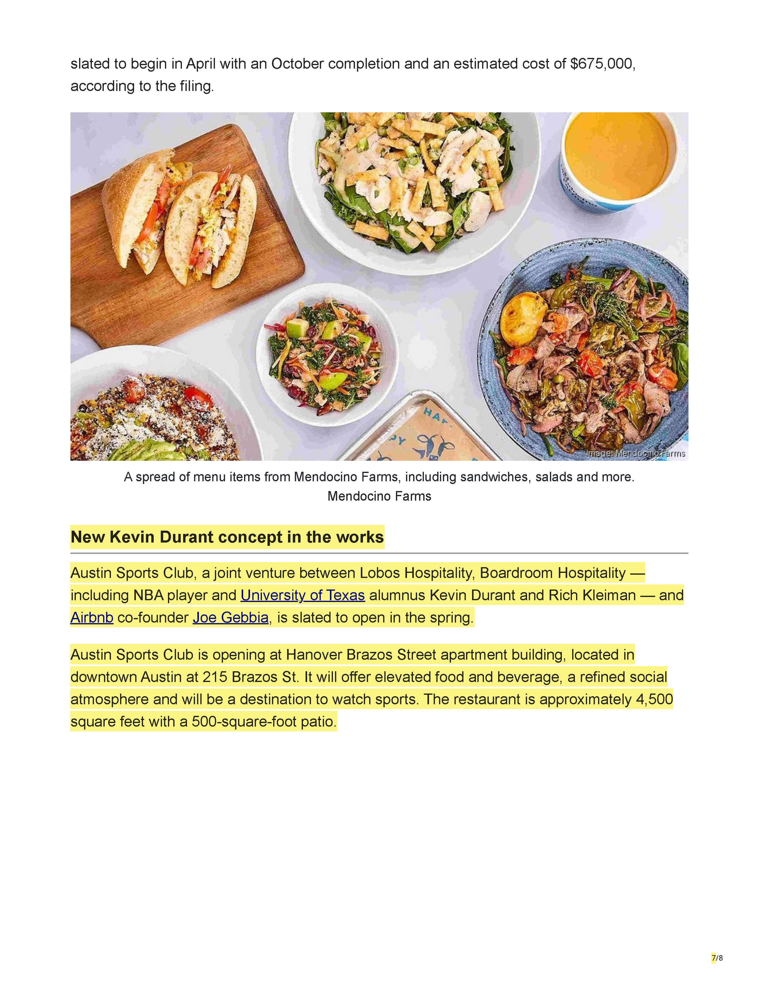 Austin Business Journal article introducing Austin Sports Club, a Kevin Durant-backed downtown Austin restaurant and social club planned for 215 Brazos Street, page 7.