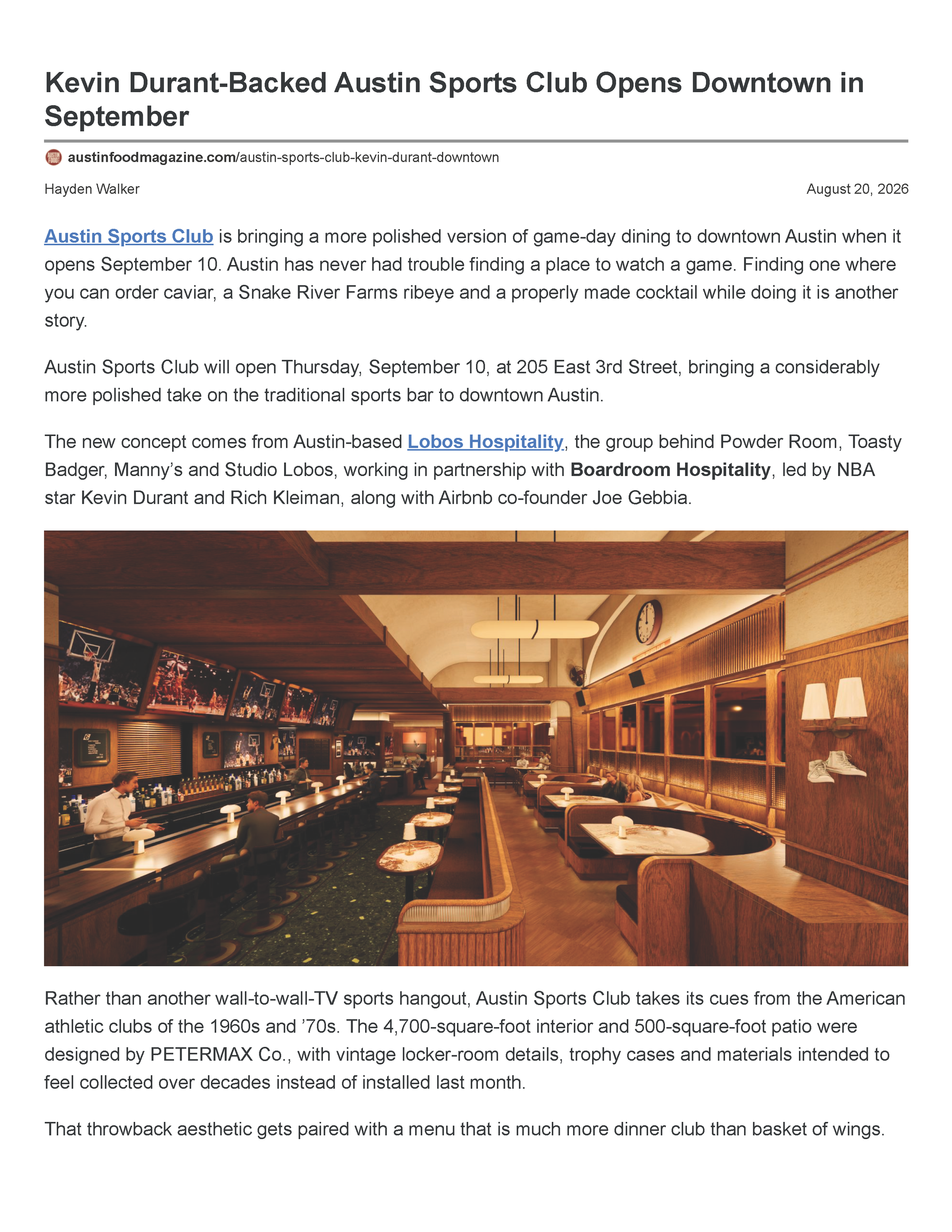 First page of the Austin Food Magazine article “Kevin Durant-Backed Austin Sports Club Opens Downtown in September,” introducing the project and showing its PETERMAX Co.-designed interior.