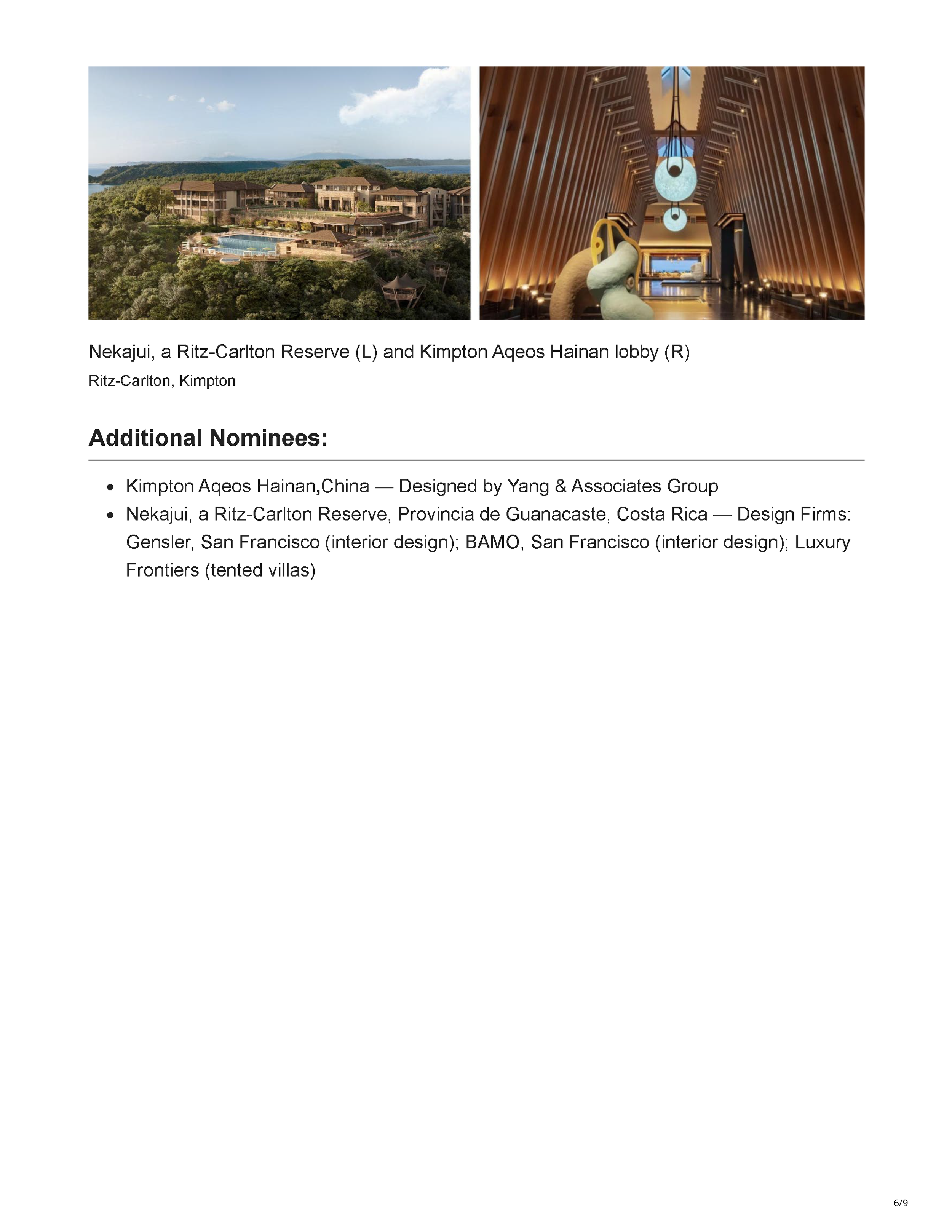 Forbes article “The World’s Best Hotel Designs Honored With Gold Key Awards” by Jim Dobson, page 6