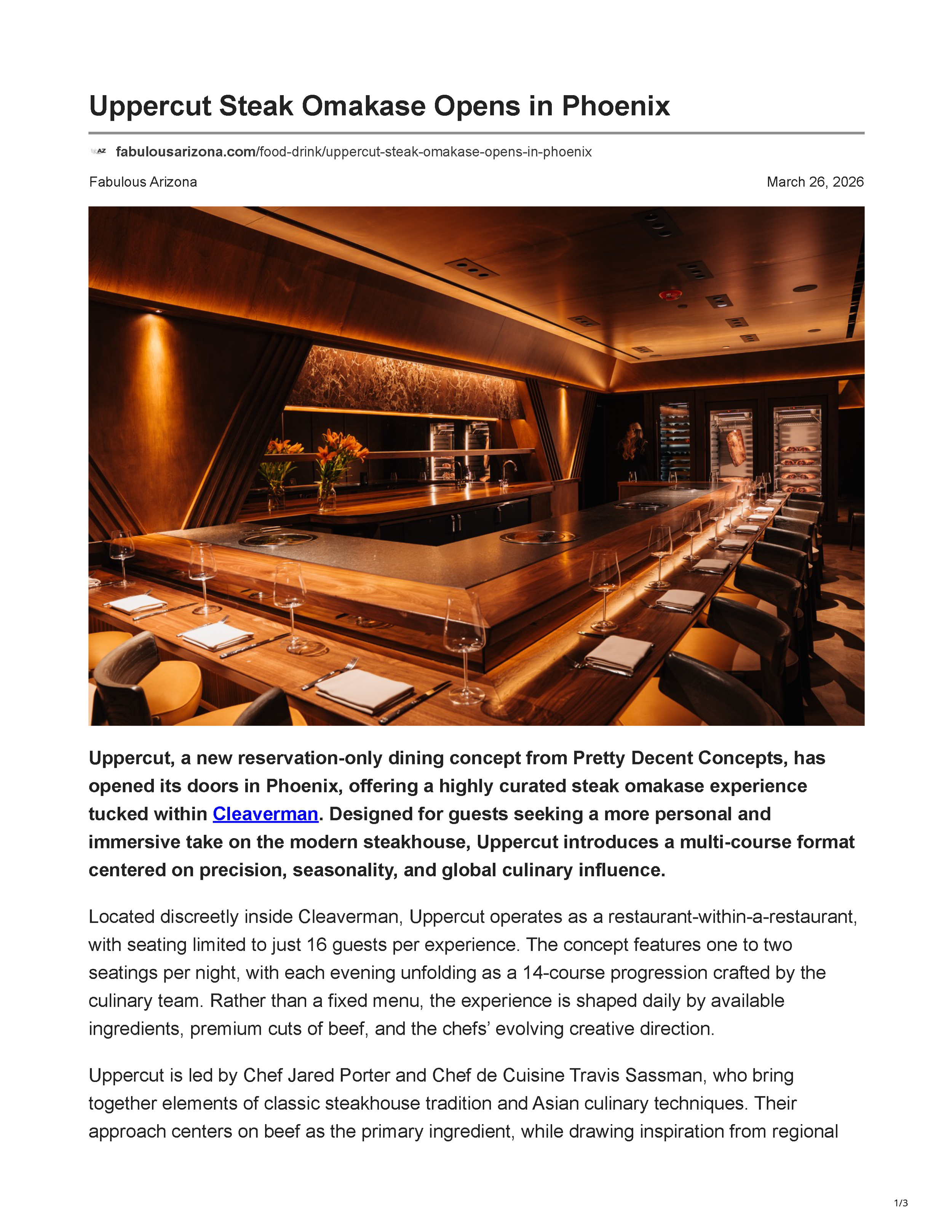 Chef's counter dining room at Uppercut Steak Omakase, showcasing warm wood detailing, integrated lighting, and the intimate restaurant design featured by Fabulous Arizona, page 1.
