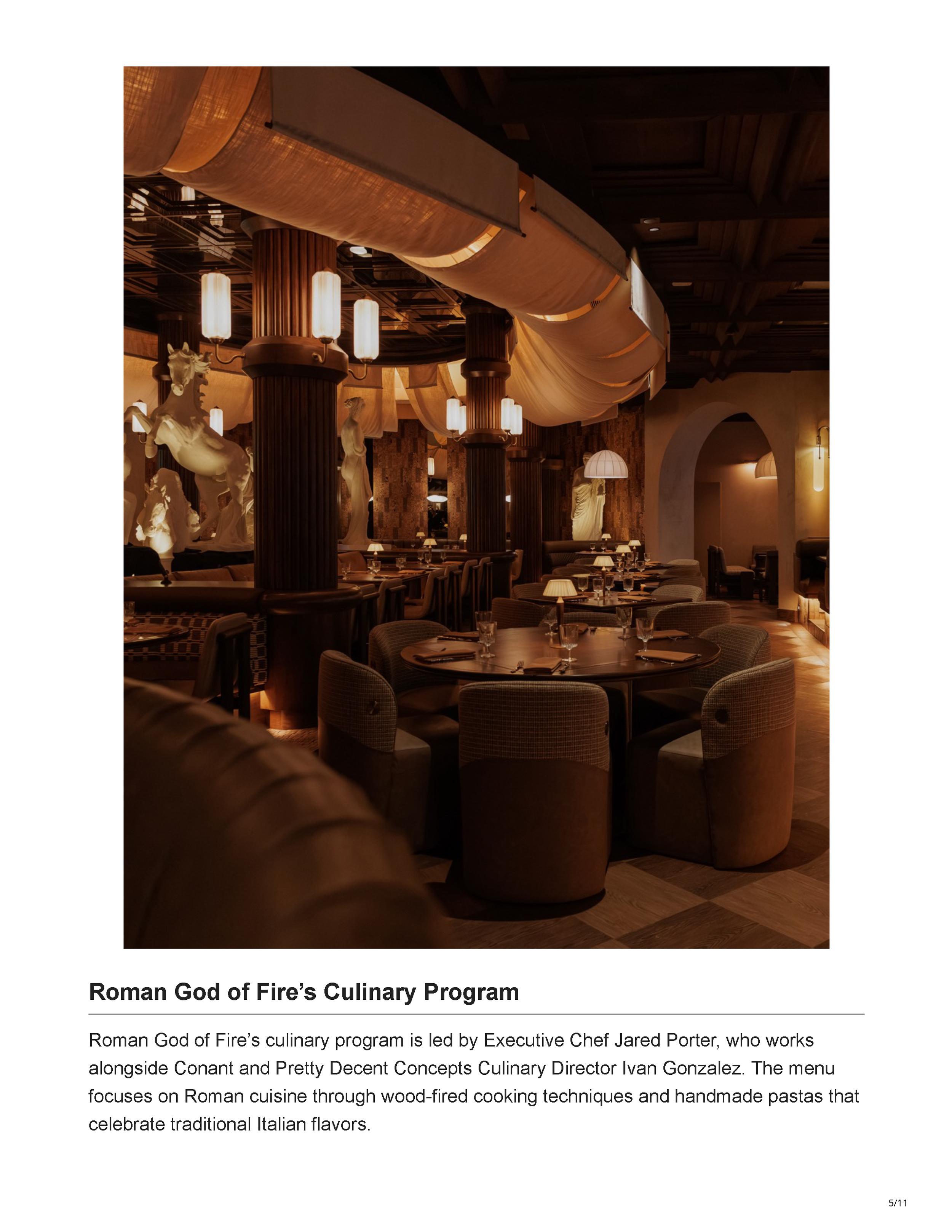 Fabulous Arizona article page announcing the opening of Roman God of Fire in Tempe, Arizona, and the restaurant’s statue-filled interior, page 5.