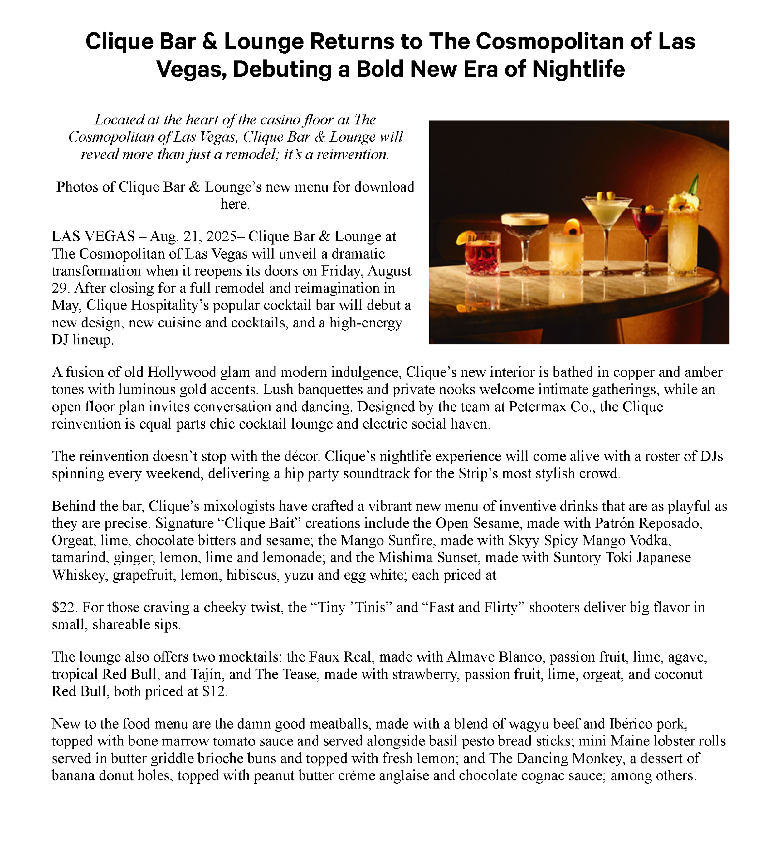Page one of MGM Resorts’ August 21, 2025 press release announcing the redesigned Clique Bar & Lounge at The Cosmopolitan of Las Vegas.