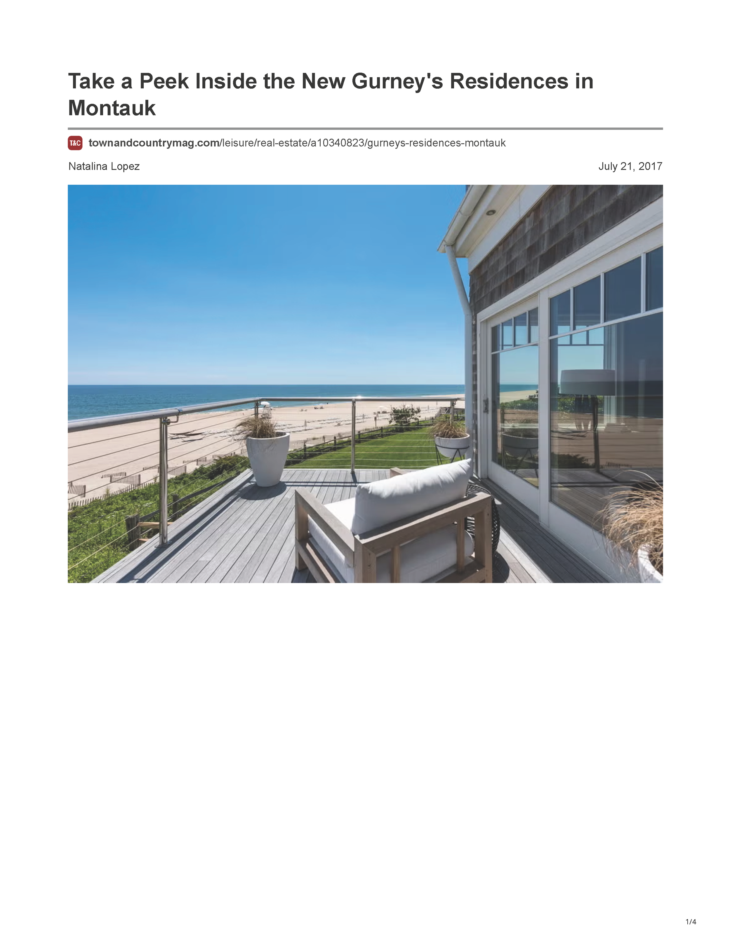 Town & Country article “Take a Peek Inside the New Gurney’s Residences in Montauk,” page 1.