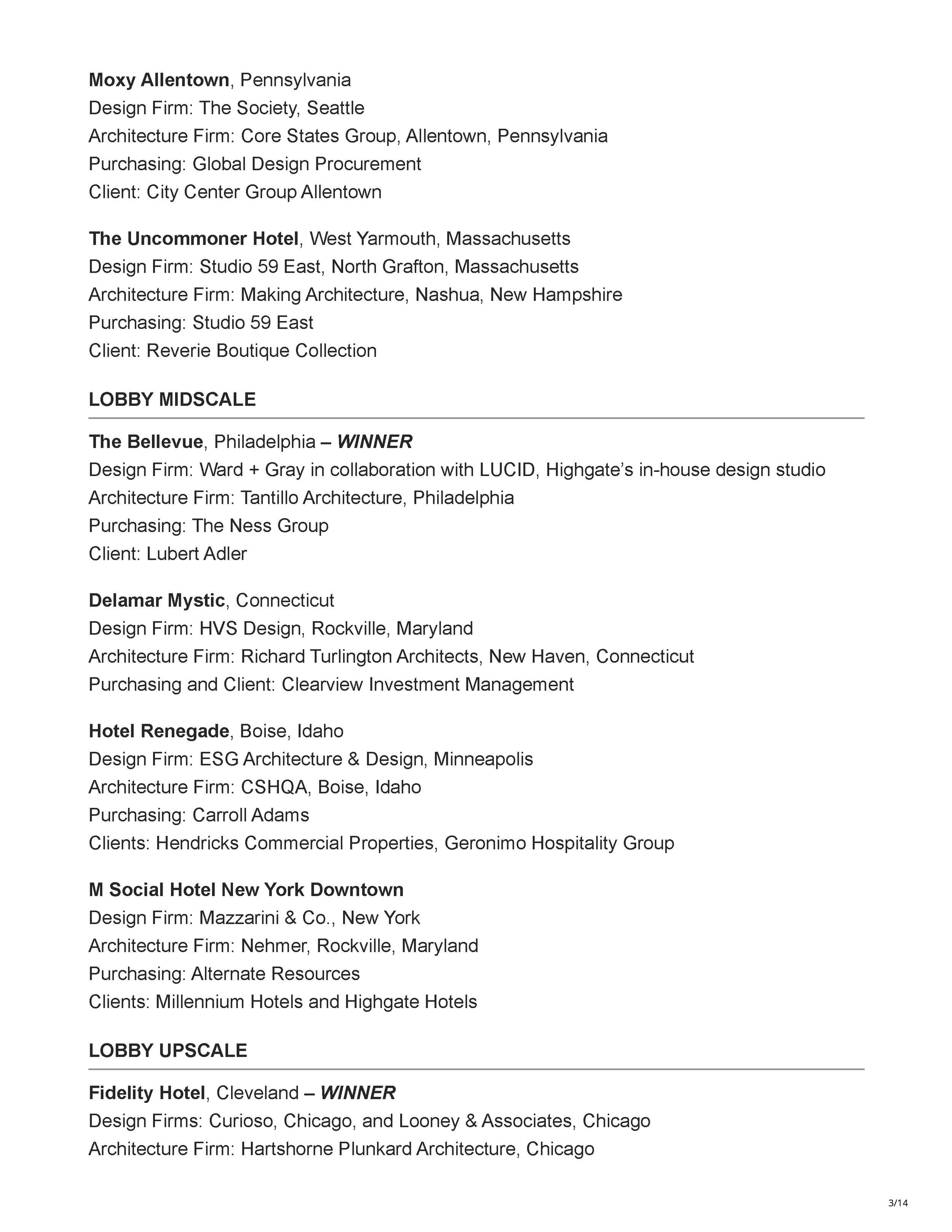Official 45th Annual Gold Key Awards winners listing showing Carry On Airlines as the Bar/Club/Lounge winner, Drop Dead Gorgeous as a finalist, and Carry On Airlines receiving the Judges' So Cool Award, page 3.
