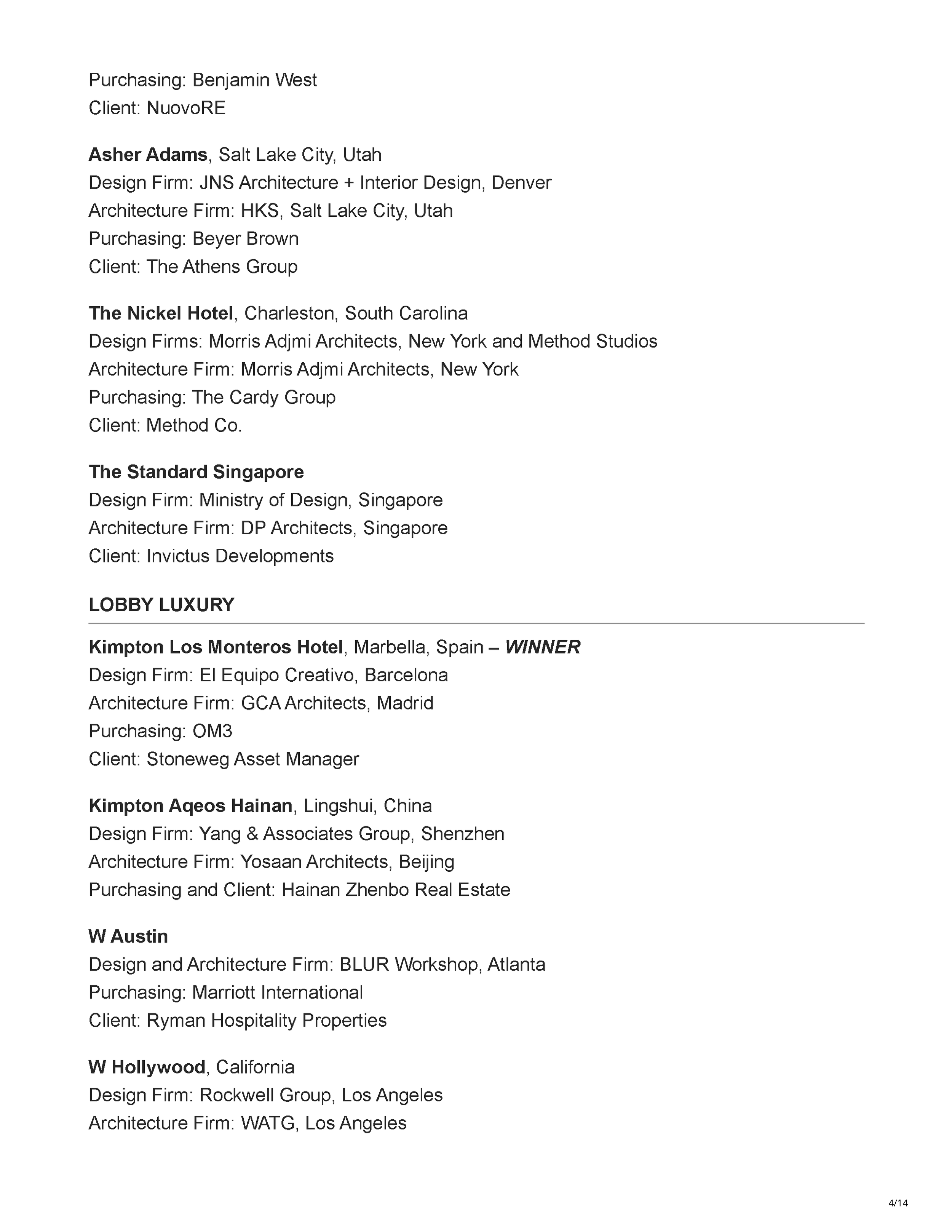 Official 45th Annual Gold Key Awards winners listing showing Carry On Airlines as the Bar/Club/Lounge winner, Drop Dead Gorgeous as a finalist, and Carry On Airlines receiving the Judges' So Cool Award, page 4.