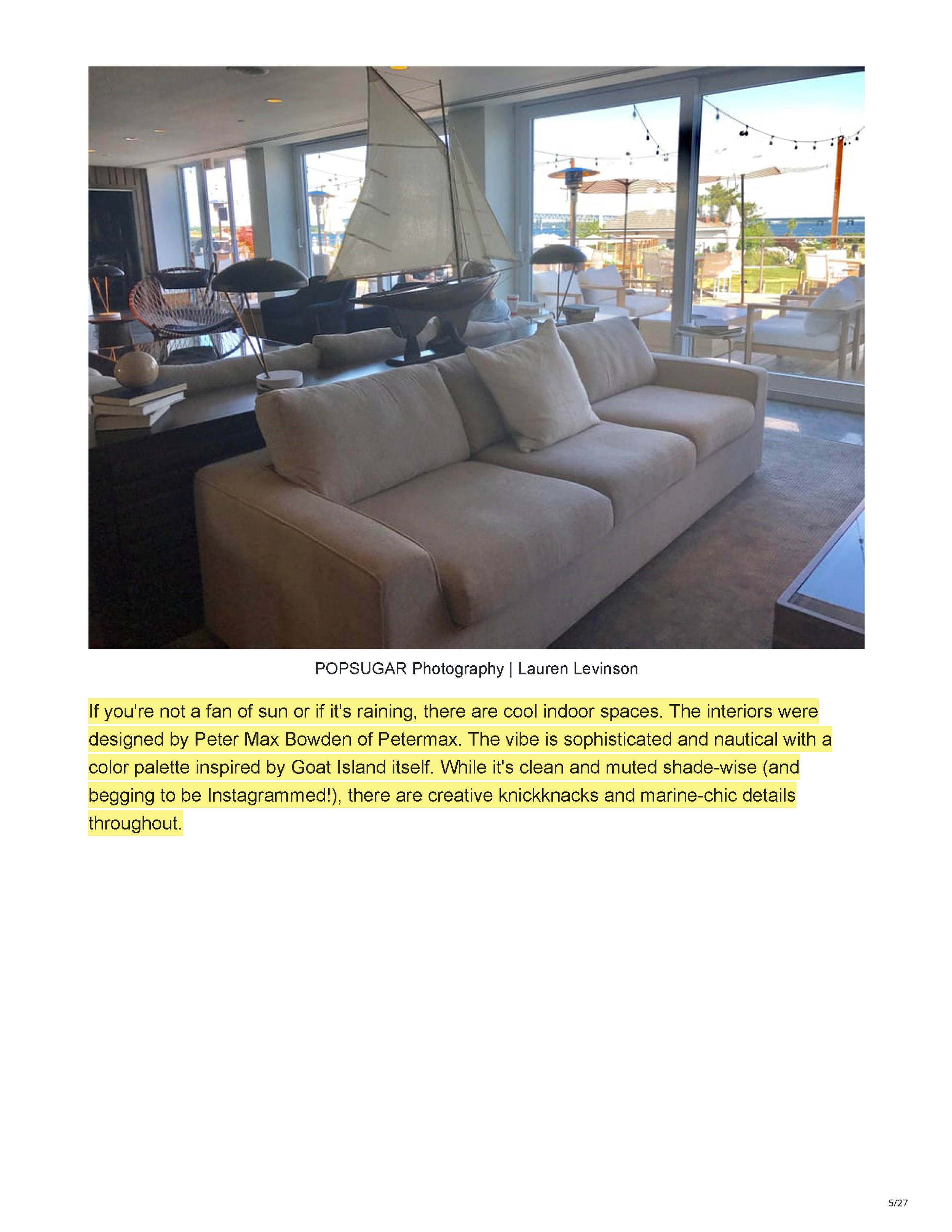 POPSUGAR’s Newport travel feature crediting Peter Max Bowden of PETERMAX Co. with the sophisticated nautical interiors of Gurney’s Newport Resort, page 5