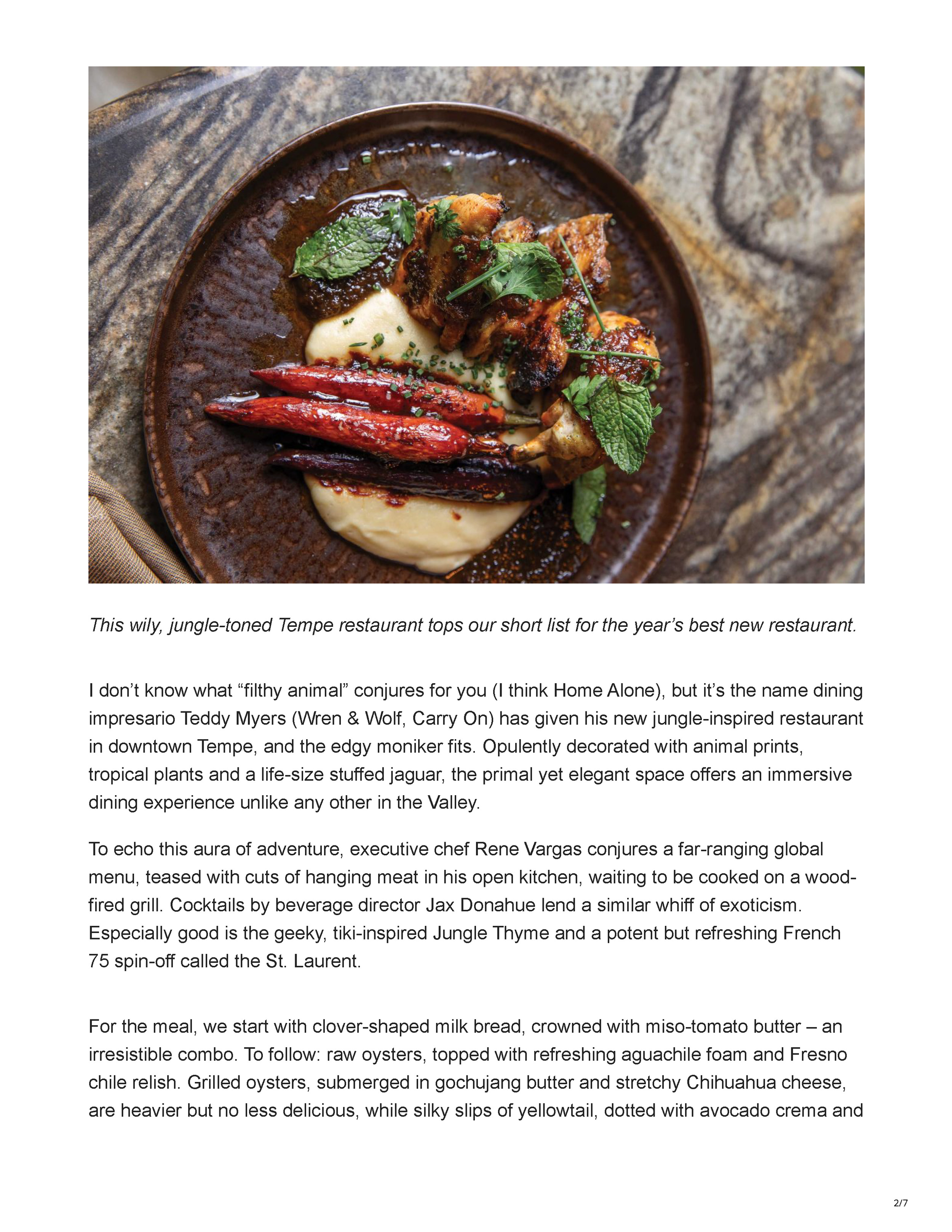 Second page of the PHOENIX magazine review describing Filthy Animal’s immersive jungle-inspired interior, wood-fired kitchen and globally influenced menu.