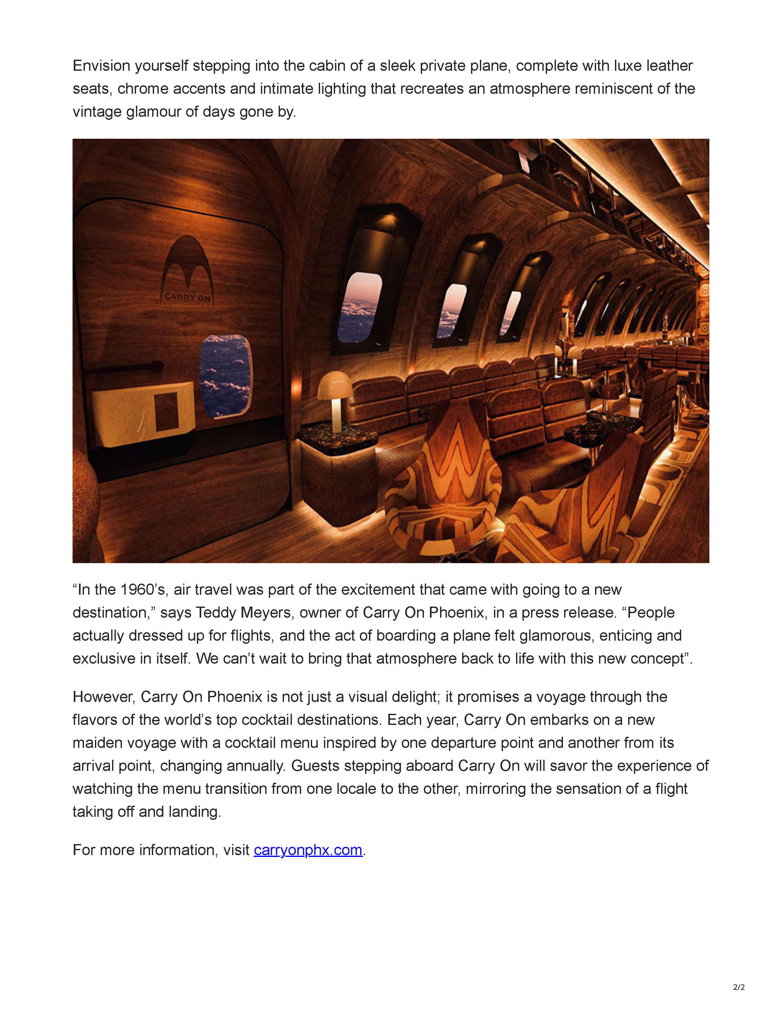 Fabulous Arizona article previewing Carry On, a 1970's airplane-themed cocktail bar opening in Downtown Phoenix, with a rendering of its wood-paneled bar interior, page 2