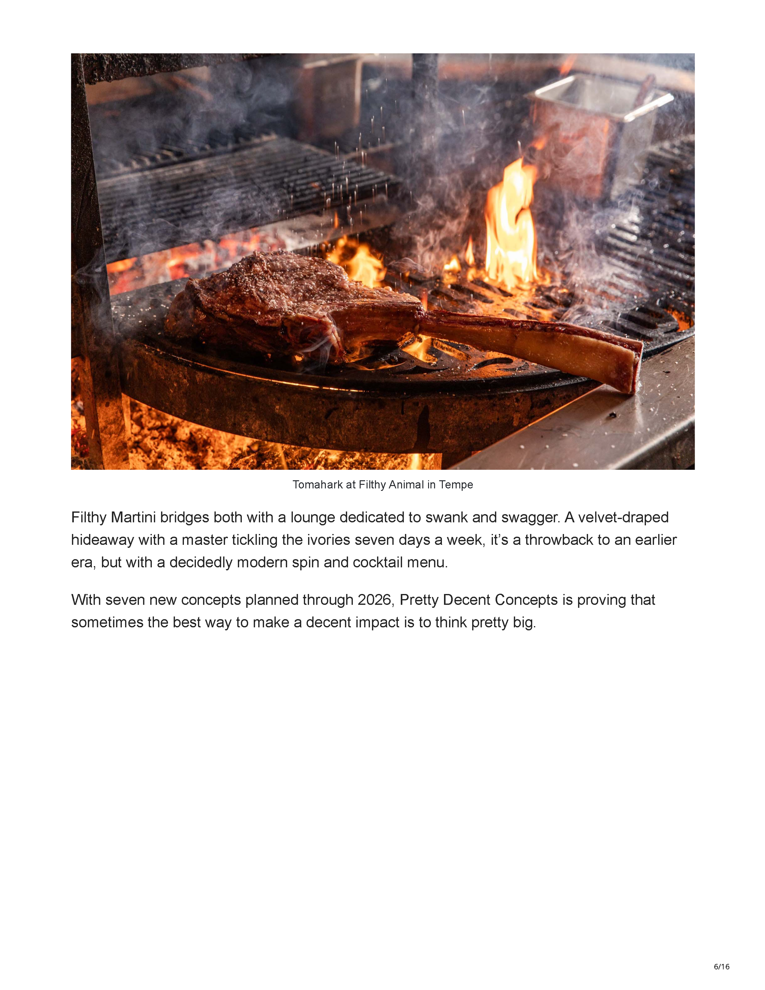 Tomahawk steak cooking over open flames at Filthy Animal, with text describing Filthy Martini and Pretty Decent Concepts’ expansion.
