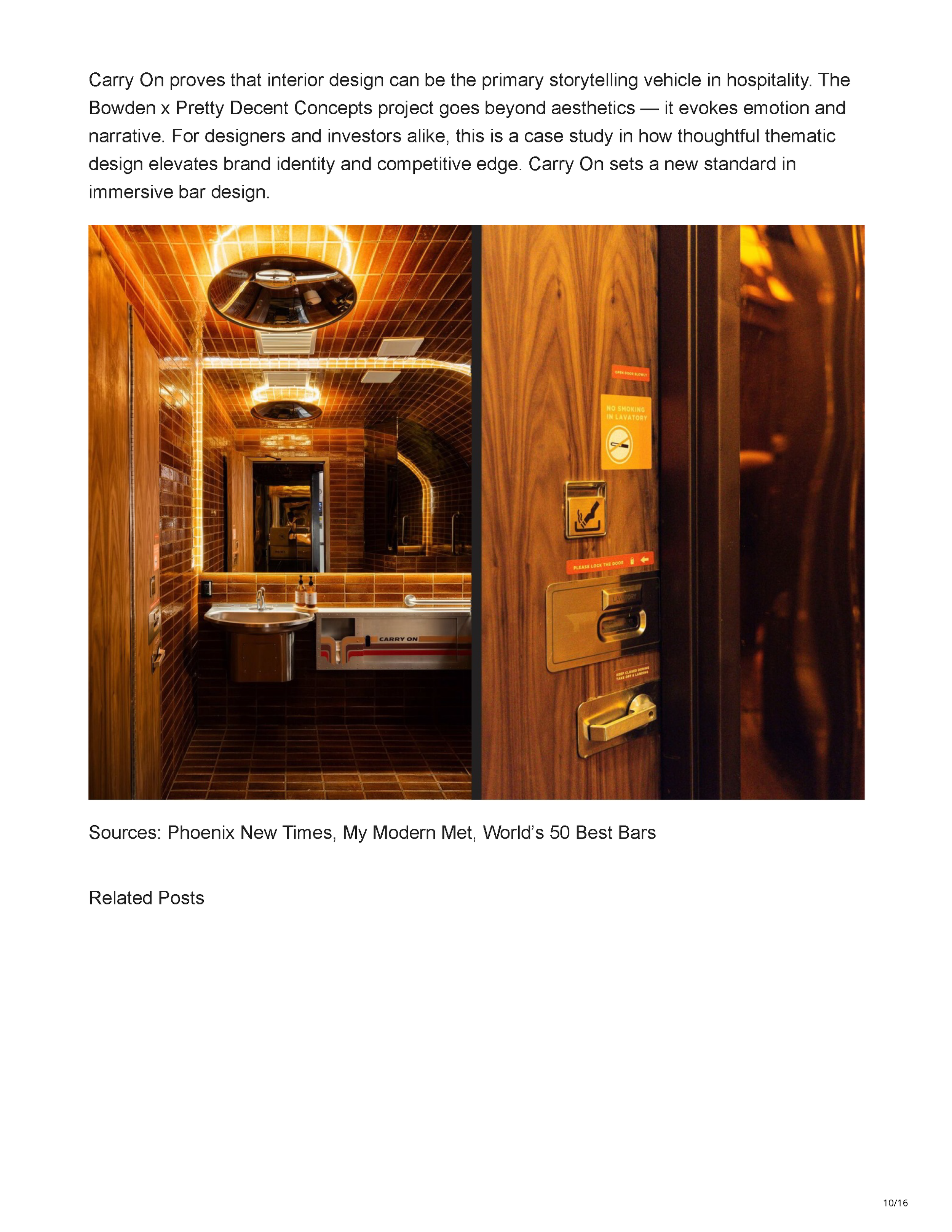 HoReCa Furniture feature on Peter Bowden’s Carry On bar design in Phoenix, exploring its retro-futurist aviation concept, materials, lighting, technology, and custom interior details, page 10