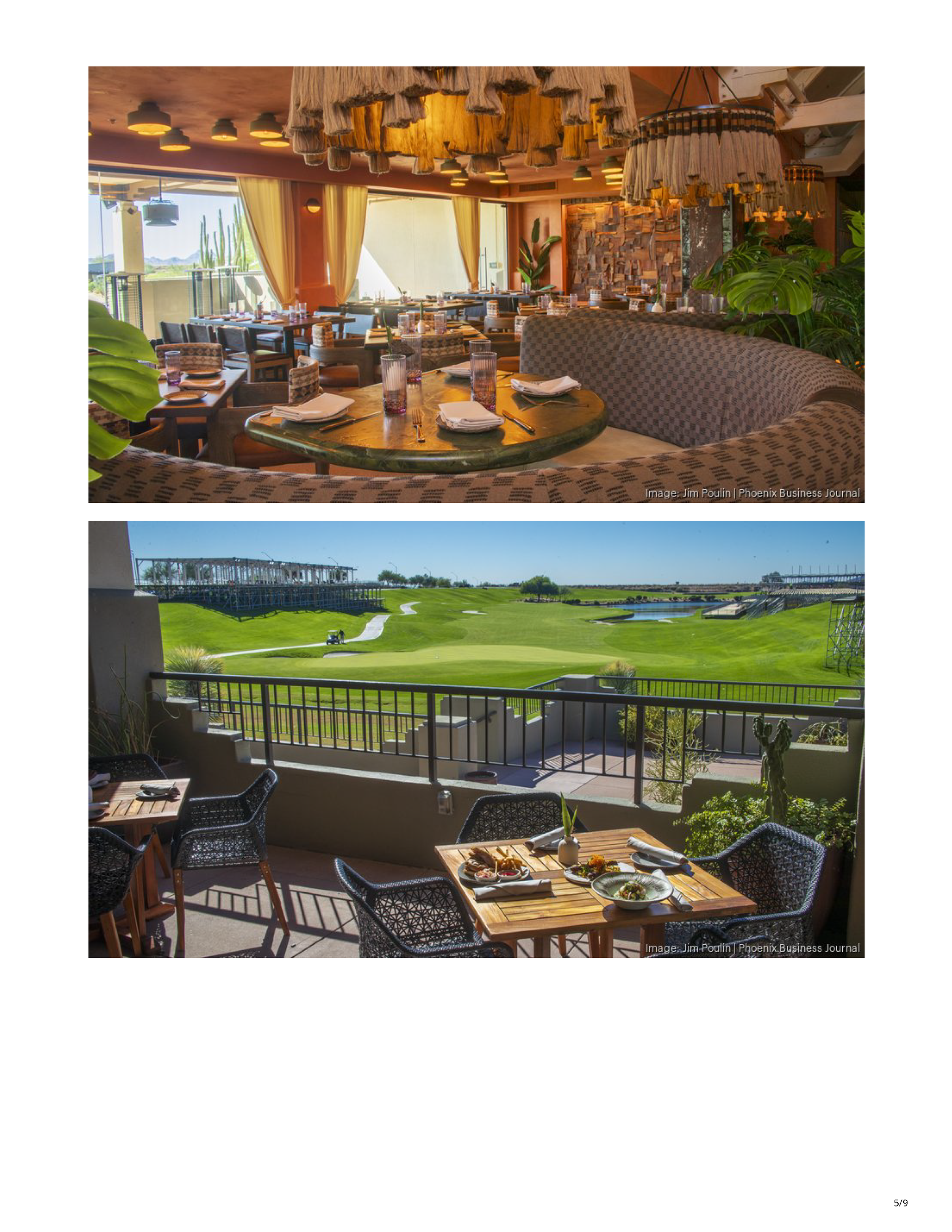 Phoenix Business Journal article about the reimagined Toro Scottsdale, featuring the redesigned restaurant’s curved banquette, central table and tropical bar interior, page 5