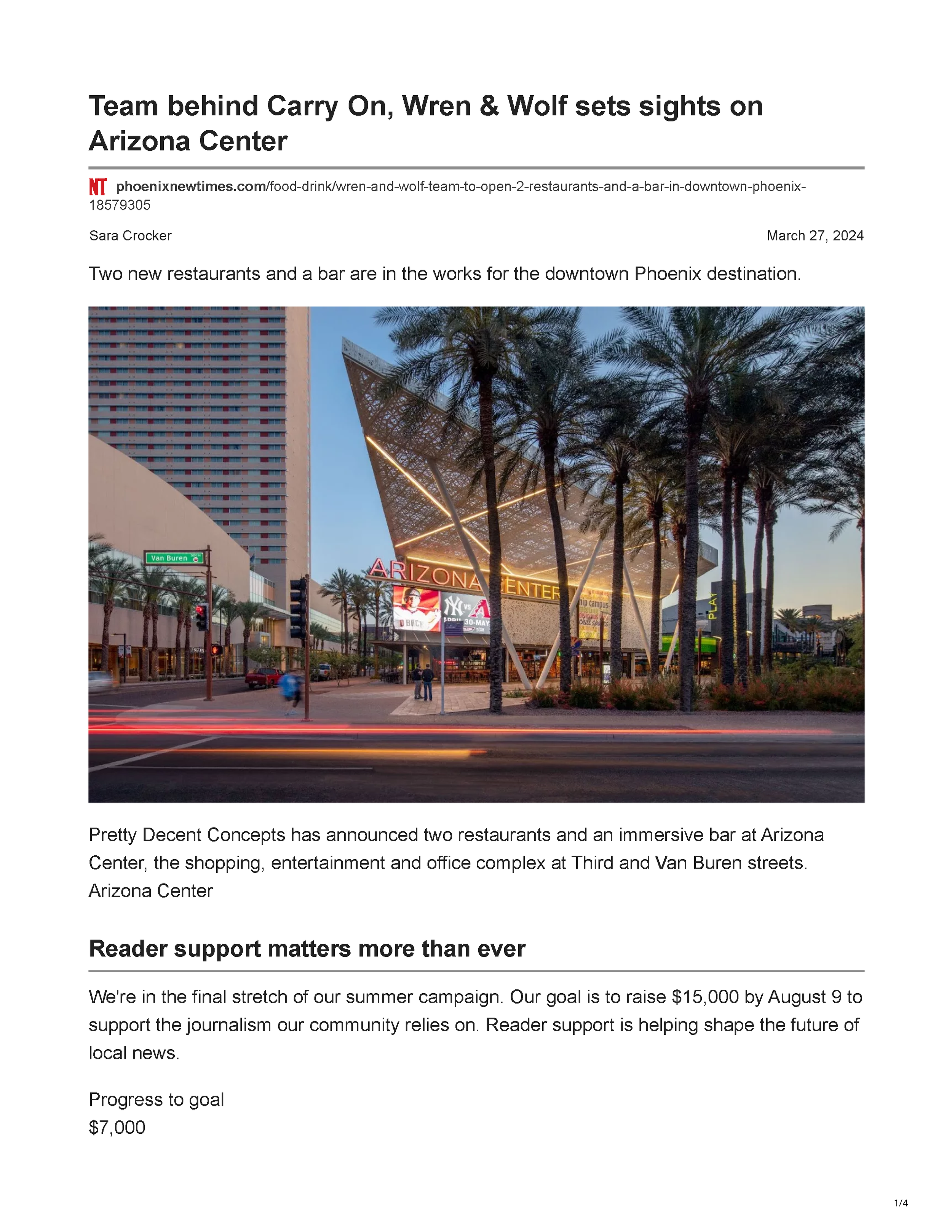 Phoenix New Times article page announcing Pretty Decent Concepts’ planned restaurants and cocktail bar at Arizona Center in Downtown Phoenix, page 1.