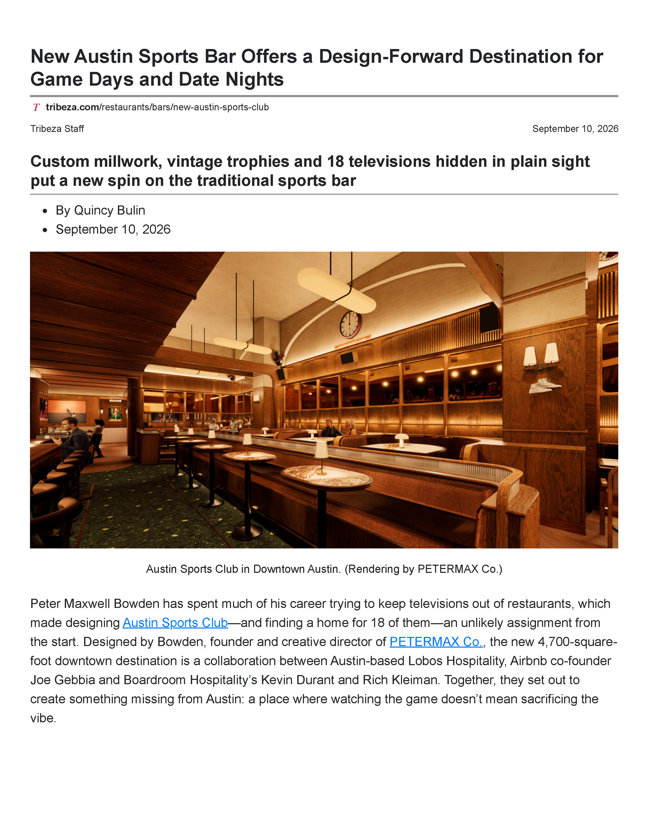 First page of the Tribeza article “New Austin Sports Bar Offers a Design-Forward Destination for Game Days and Date Nights,” introducing Peter Maxwell Bowden and the PETERMAX Co.-designed Austin Sports Club.