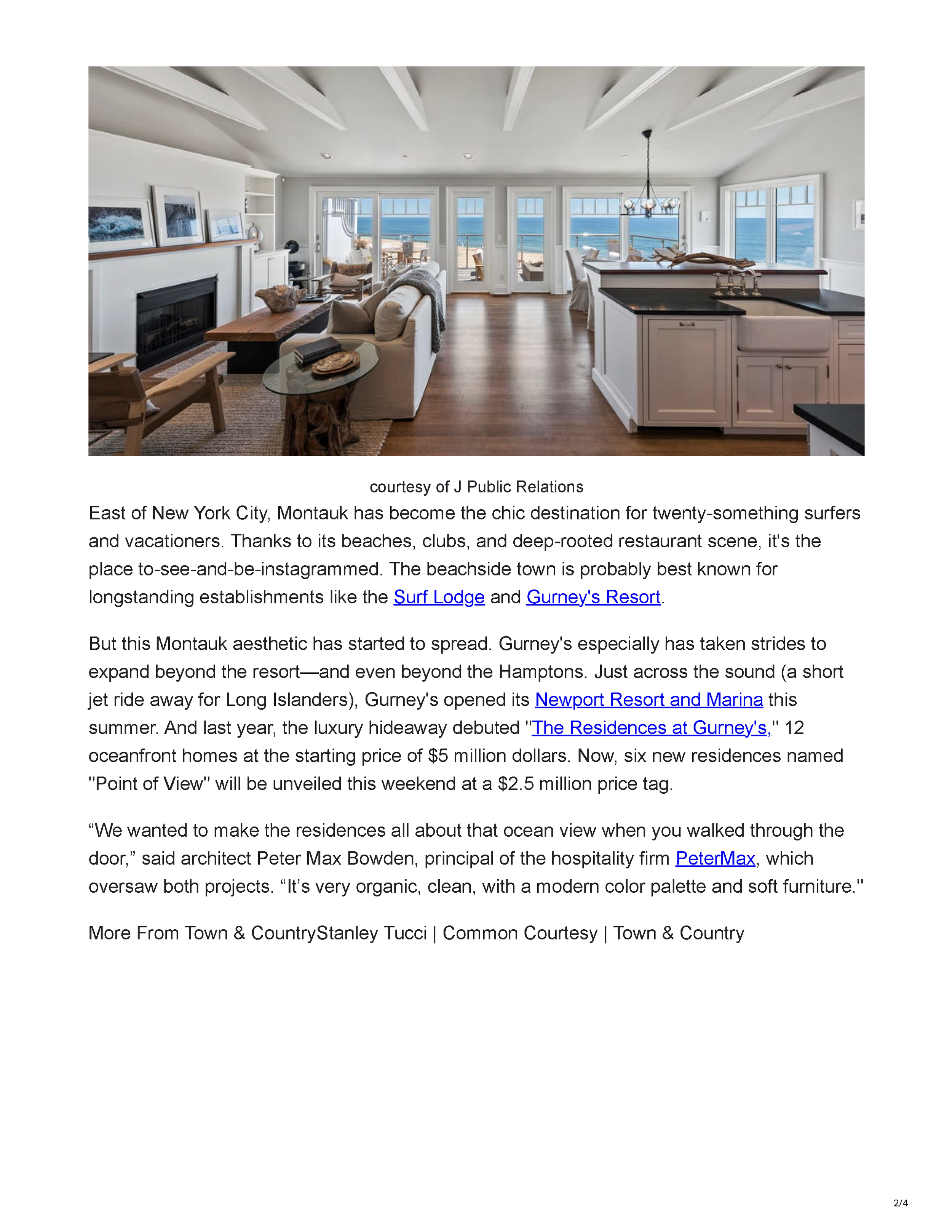 Town & Country article “Take a Peek Inside the New Gurney’s Residences in Montauk,” page 2.