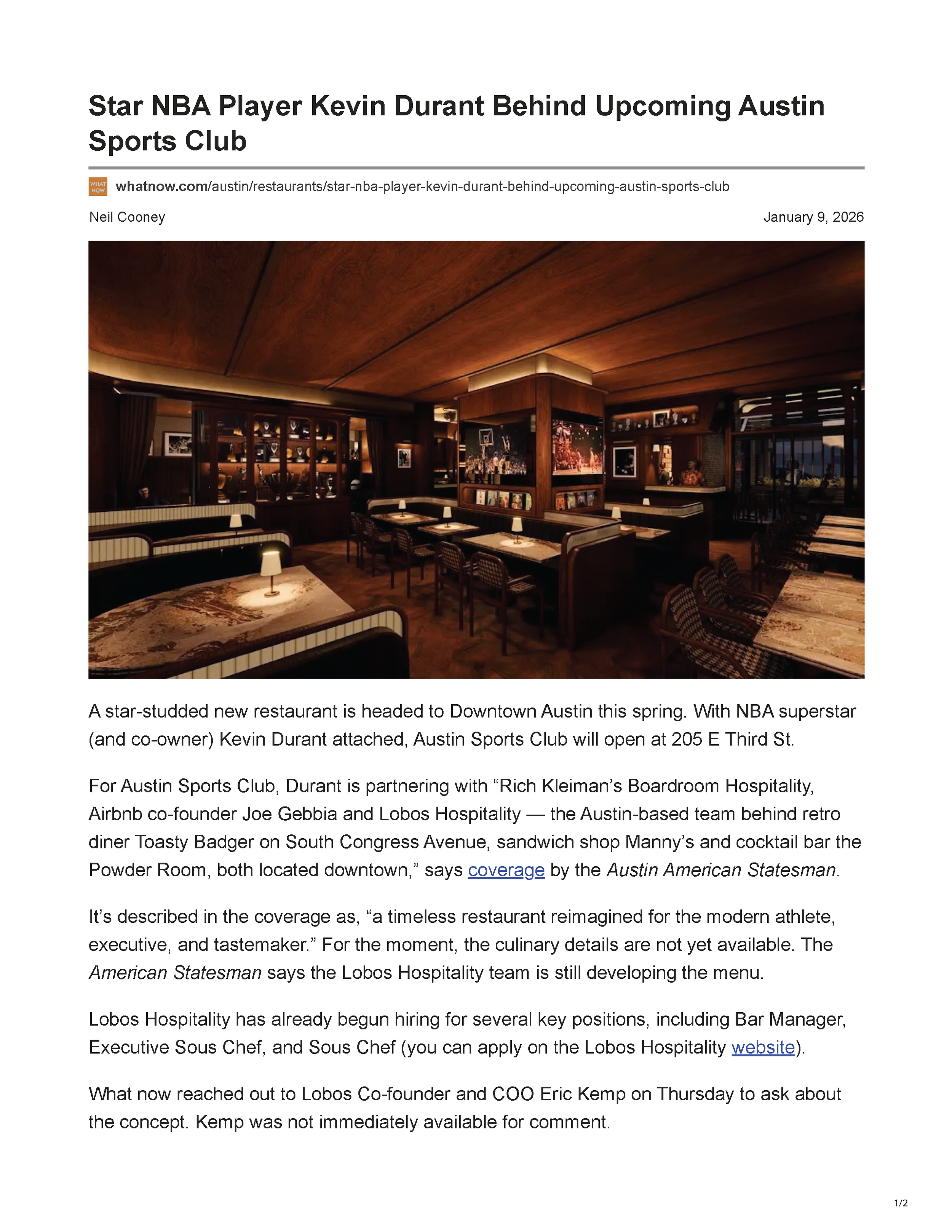 First page of What Now Austin’s article “Star NBA Player Kevin Durant Behind Upcoming Austin Sports Club,” featuring a rendering of the project’s dark, wood-paneled dining room.