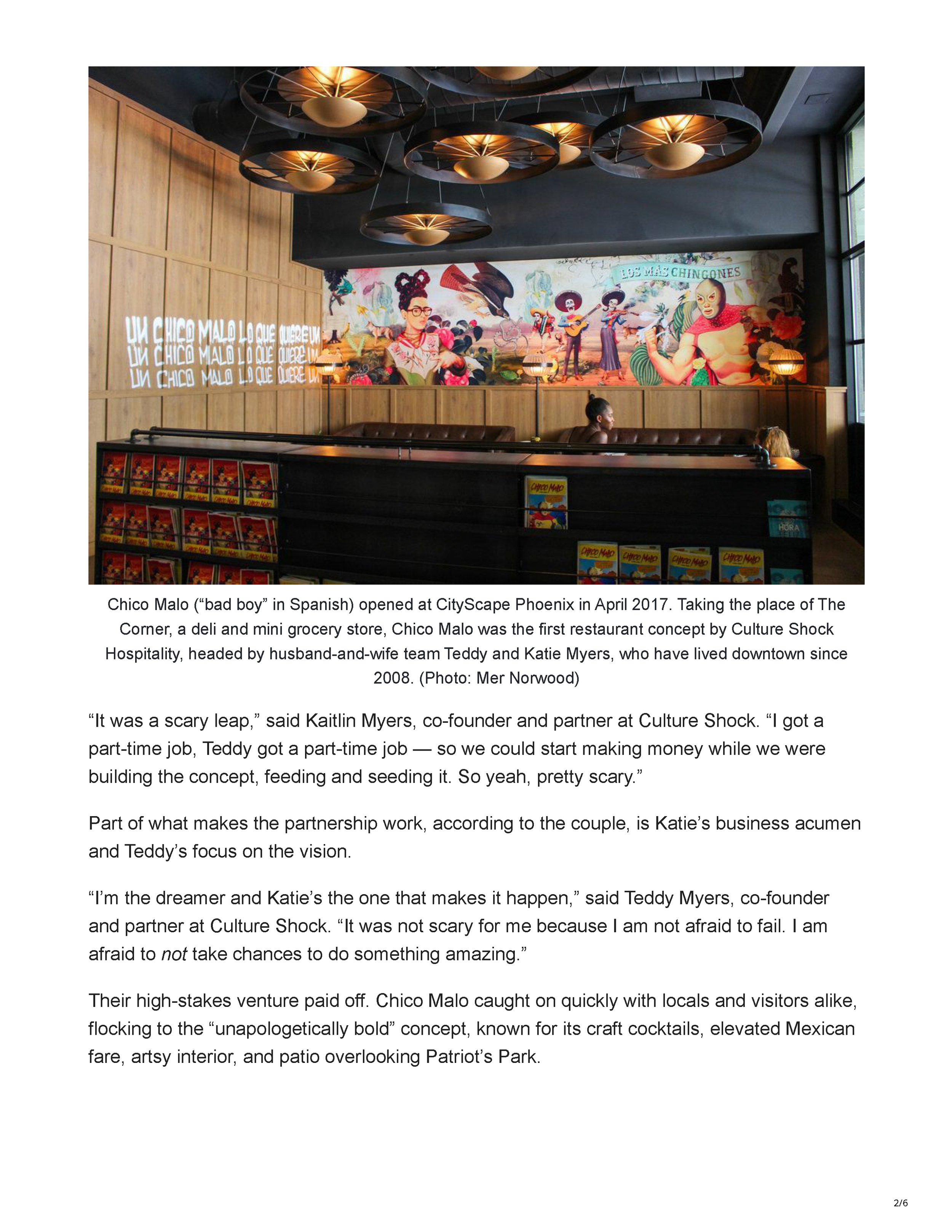 DTPHX article page titled “Young Founders of Chico Malo, Wren & Wolf,” profiling Teddy and Kaitlin Myers in Downtown Phoenix, page 2.