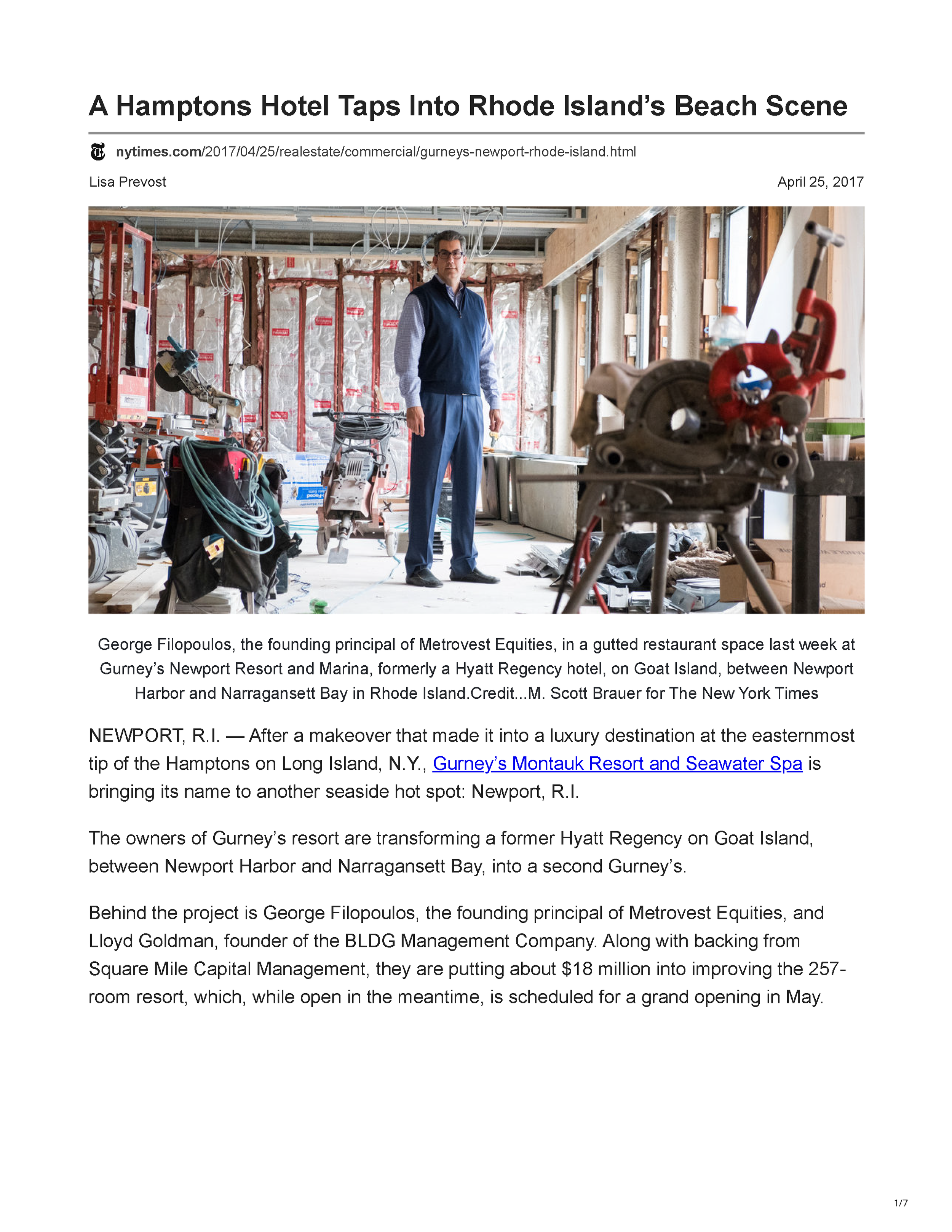 The New York Times article about the redevelopment of Gurney’s Newport Resort and Marina, page 1.